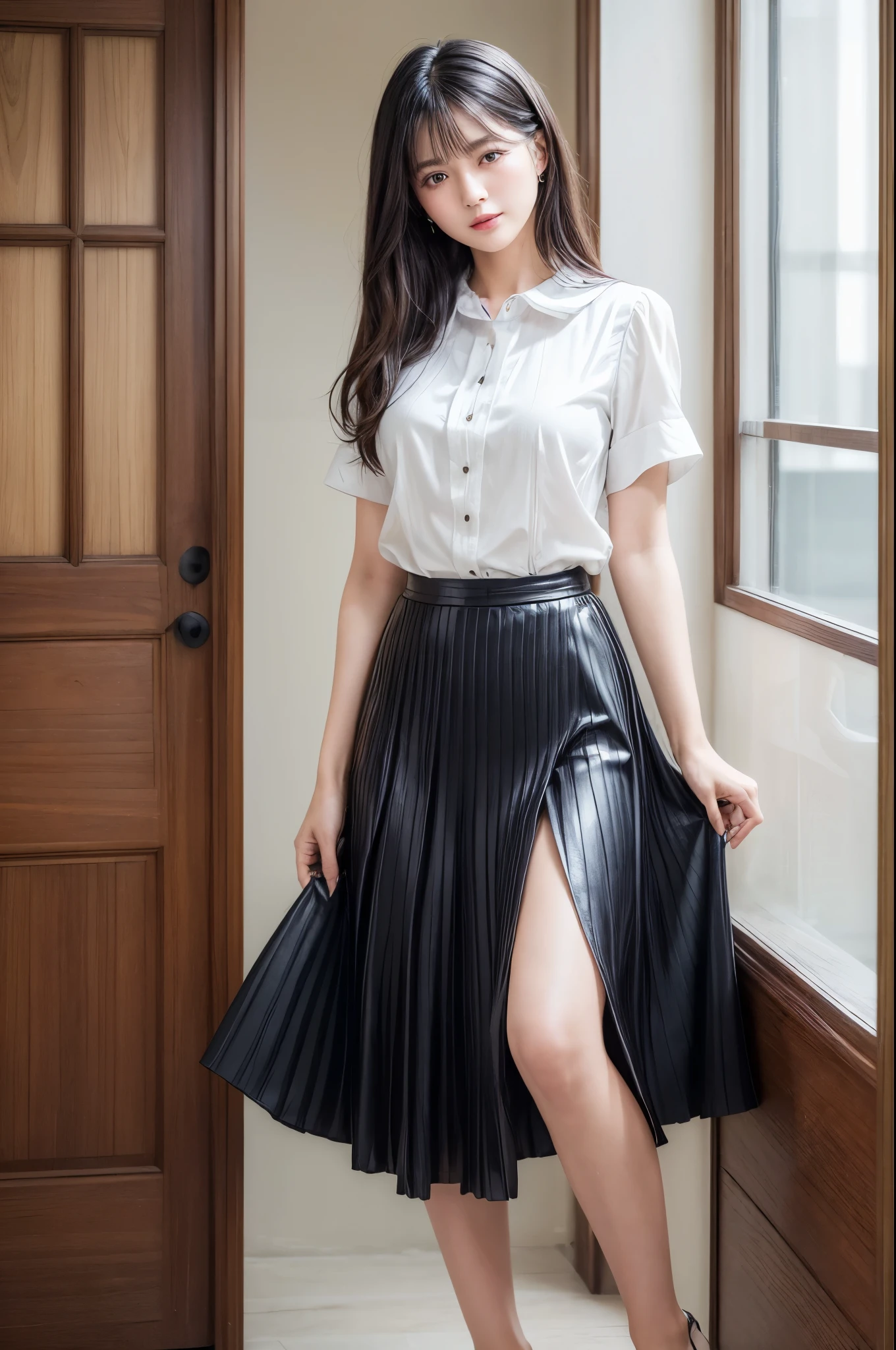 ((Best image quality、8k、masterpiece:1.3))、Realistic high-quality photos、Highest quality、Beautiful and elegant face and eyes、Black Hair、Shiny Hair、 OL、Wearing a short-sleeved blouse、Wear a long skirt、Full Body Shot、Well-balanced proportions、Anatomically correct body、
