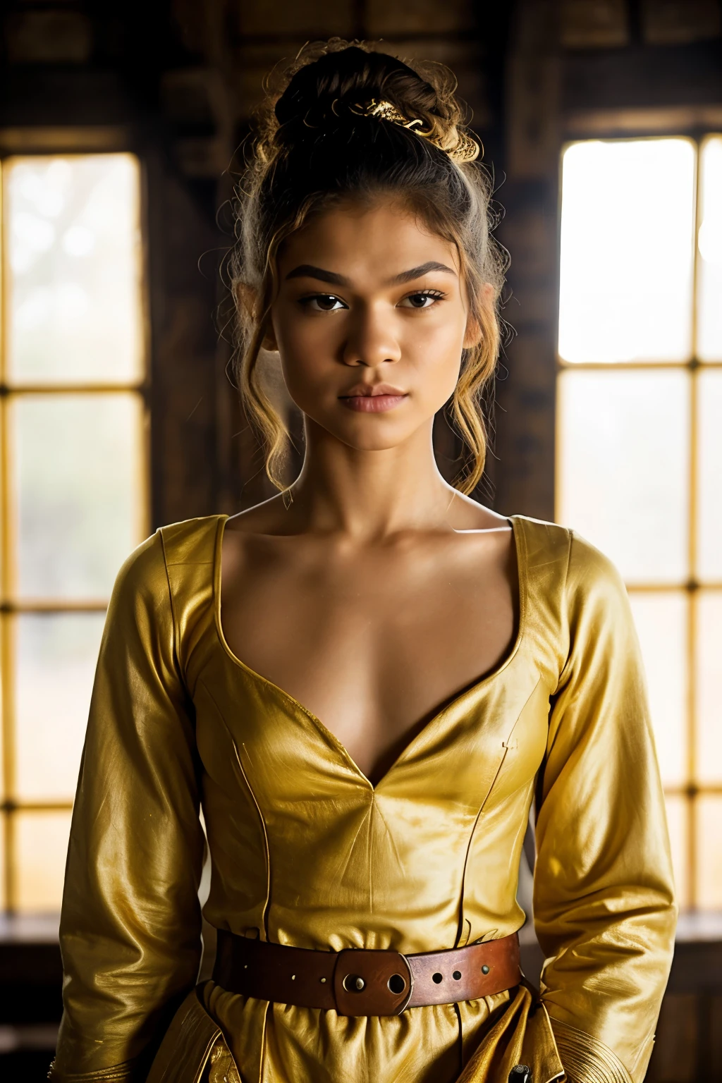 ((best quality)), ((masterpiece)), (detailed), Zendaya Coleman, Medieval Fantasy, Gold, Yellow, Orange, Tunic and Pants, Dirty, Messy Bun, Old timey, angry