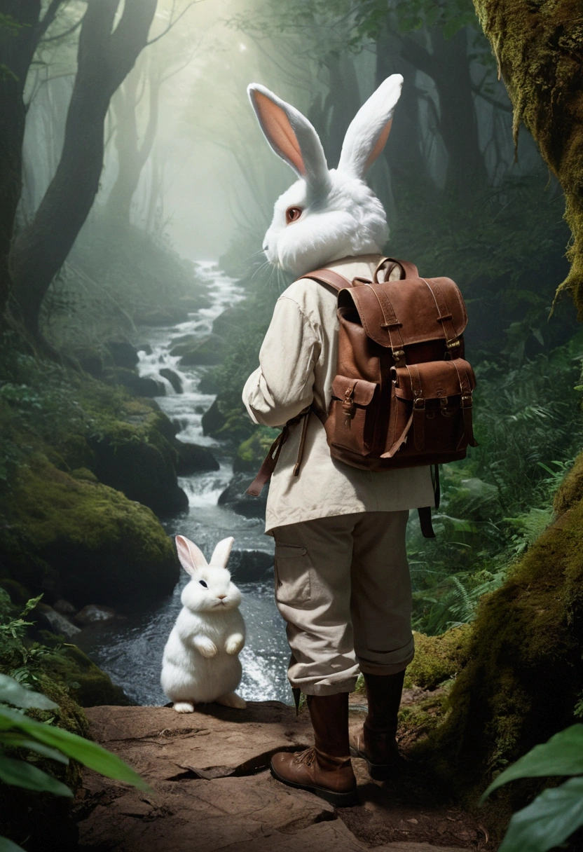 Classic negative portrait photo, Fantasy video game character concept art, Carrying a small brown leather backpack、Looking at a map while hiking through the woods、Cute white fluffy rabbit, Dungeons＆Dragons, Fantasy, river, mist, Hello, bloom, Dramatic atmosphere, dark Fantasy film of the 1970s, Centered, Three-part method