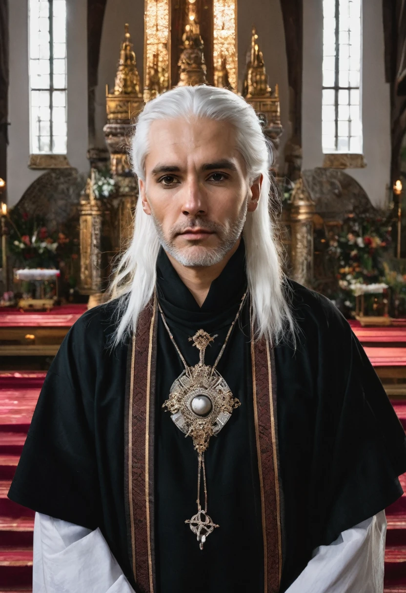 masculine.White hair. black eyes.Standing in front of an altar, herabblickend, in ledenschorts