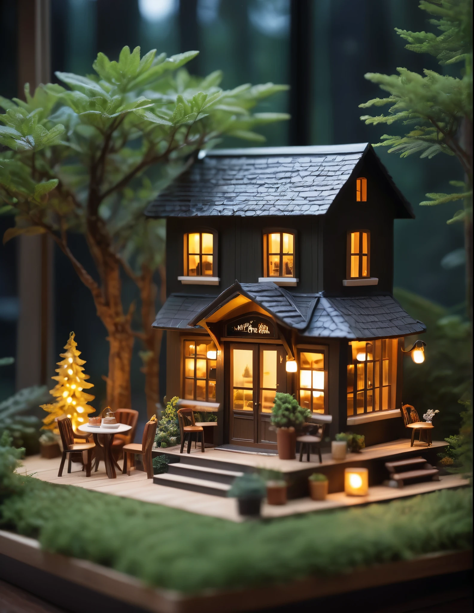 
(Miniature House),(Exquisitely crafted),in the forest,(Cute coffee shop),Light production,night,Warm Light