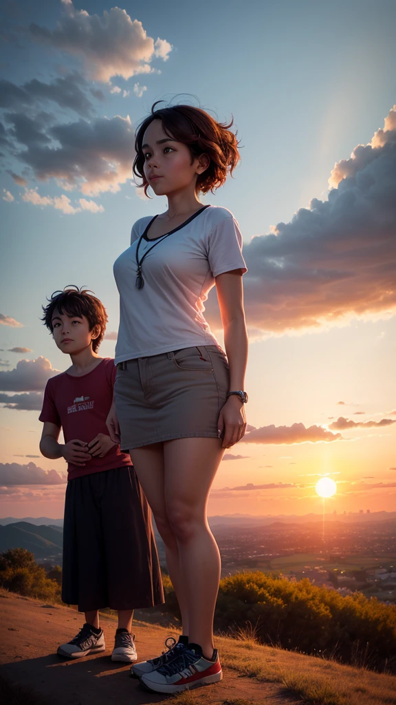 A couple is standing on a hill. An airplane is flying above them. The couple is wearing short clothes. The girl's hips are big. The sunset is taking place.