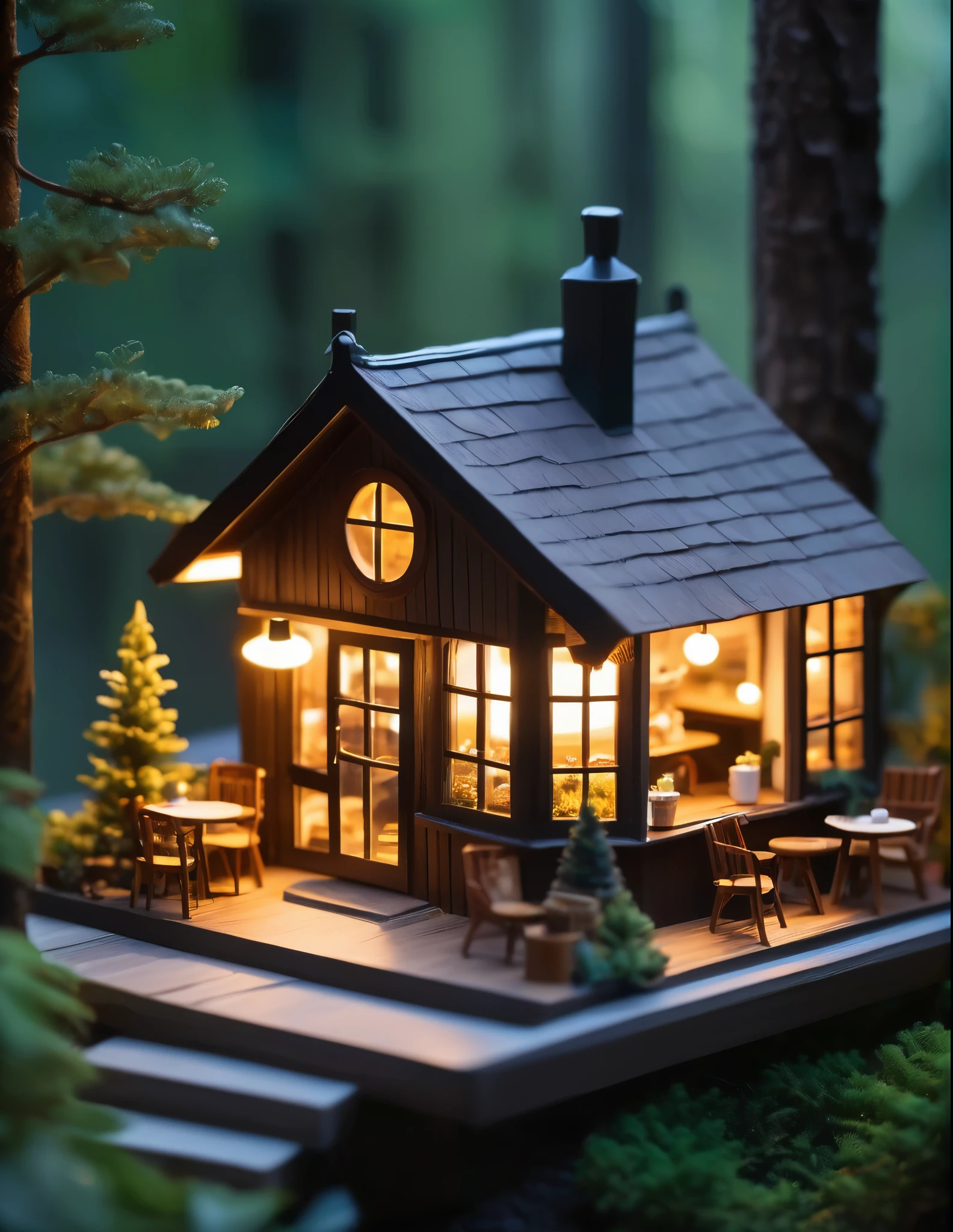 
(Miniature House),(Exquisitely crafted),in the forest,(Cute coffee shop),Light production,night,Warm Light