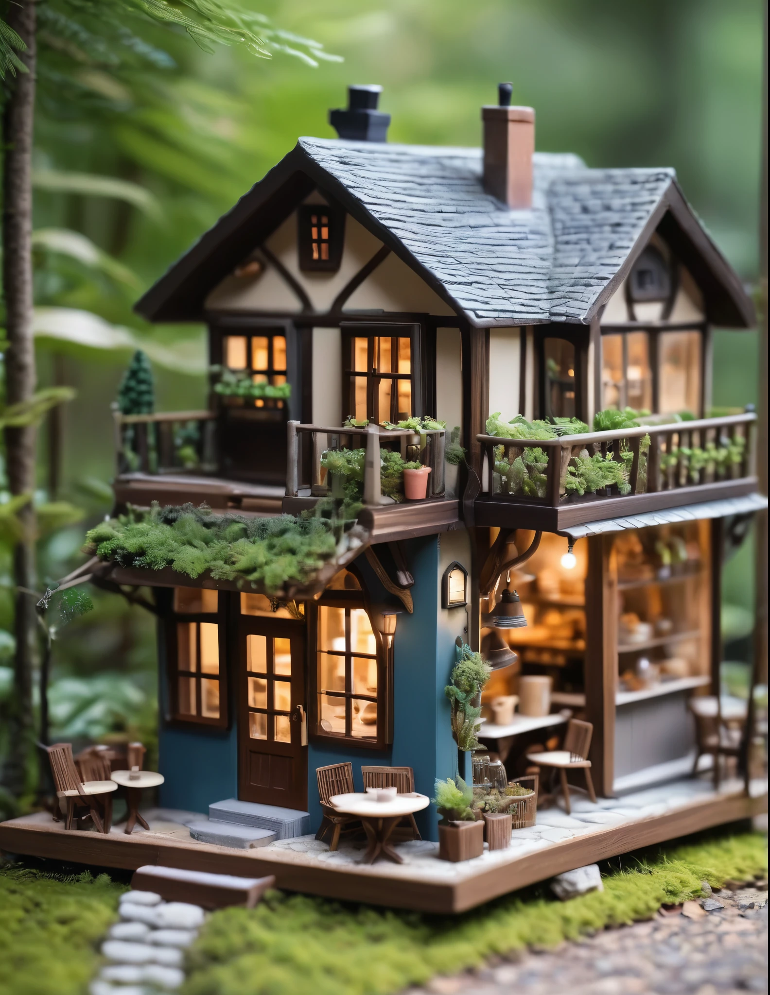 
(Miniature House),(Exquisitely crafted),in the forest,(Cute coffee shop)