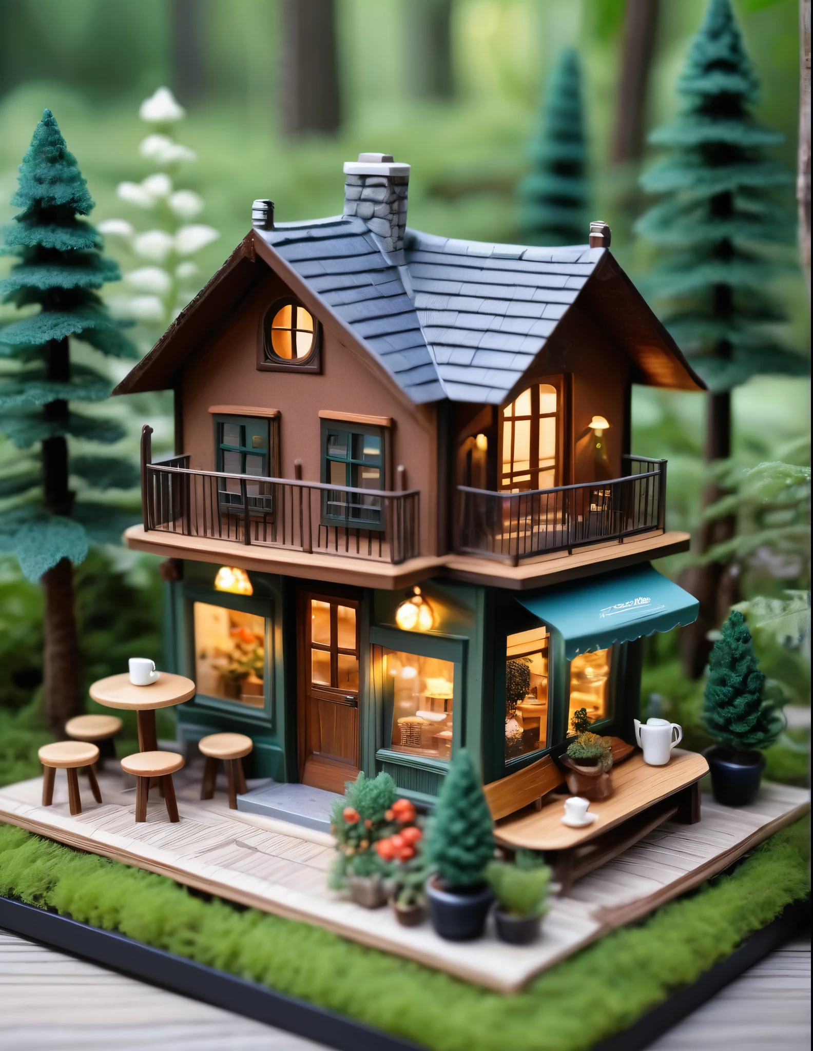 
(Miniature House),(Exquisitely crafted),in the forest,(Cute coffee shop)