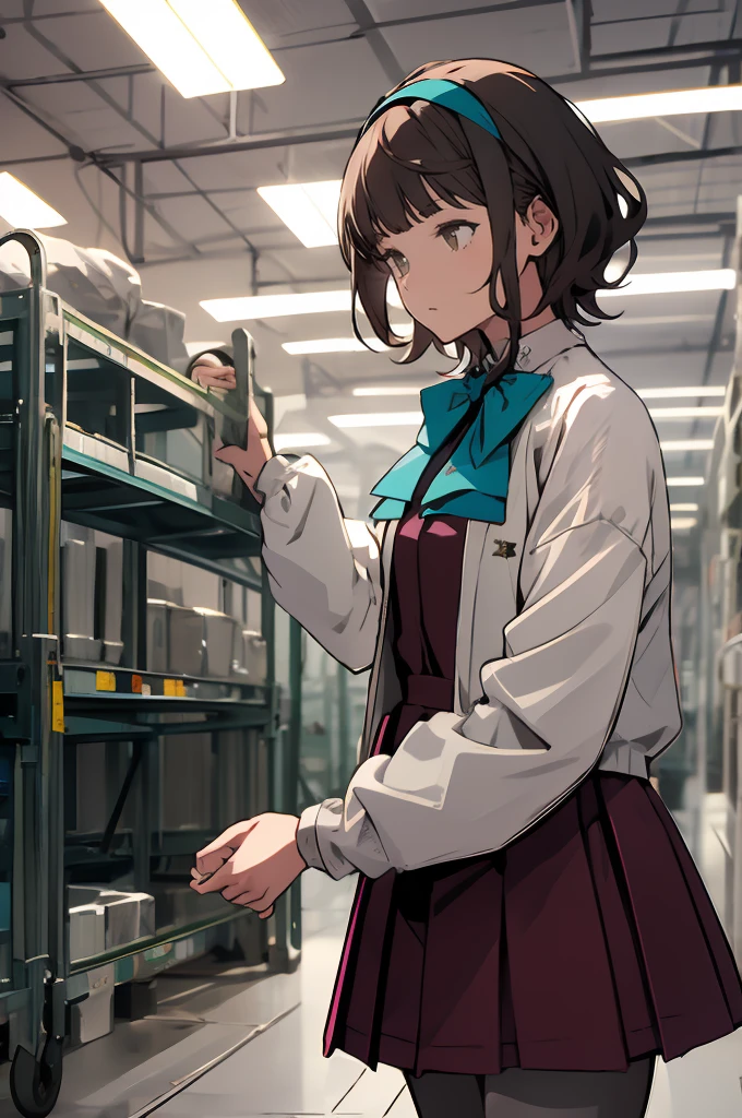 masterpiece, best quality, highres, hmngnm, kisinami \(kancolle\), brown hair, white hairband, white jacket, purple dress, , grey pantyhose, aqua bowtie, long sleeves, cowboy shot, Inside Factory