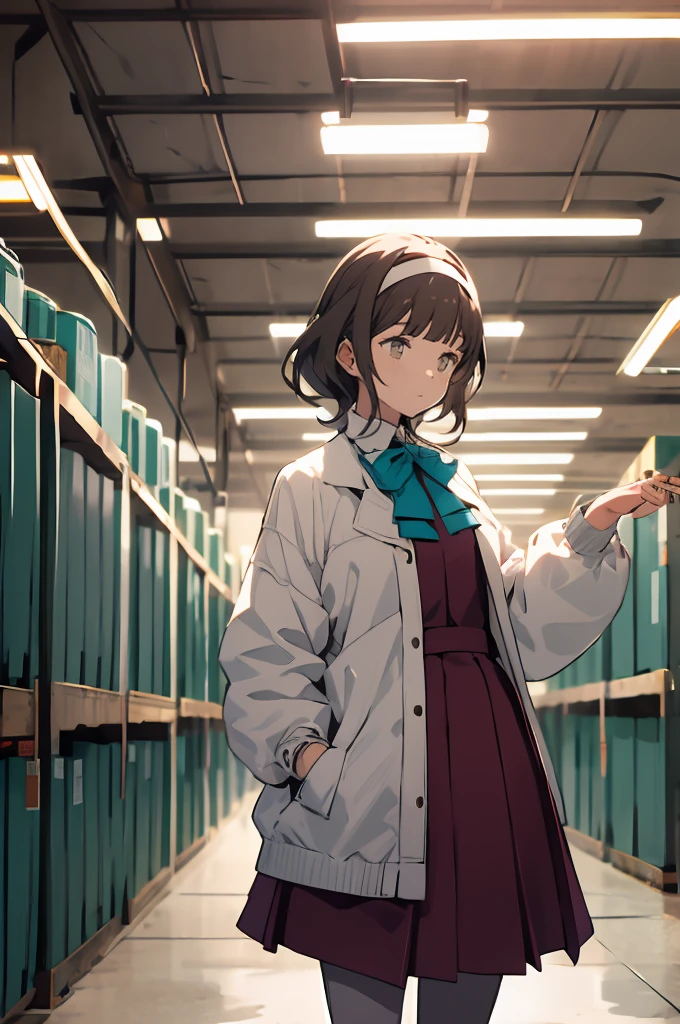 masterpiece, best quality, highres, hmngnm, kisinami \(kancolle\), brown hair, white hairband, white jacket, purple dress, , grey pantyhose, aqua bowtie, long sleeves, cowboy shot, Inside Factory