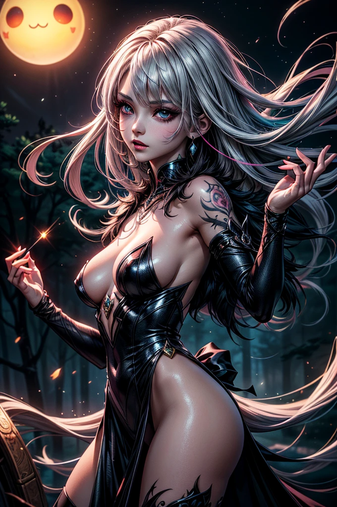In the middle of forest plane there is beatiful undead ghost female who dance under the stary night sky, she have beatiful face, long silver hair with pink highlights her eyes is emerald green red lipsick and smoky eyes make up, her naked tattooed body cover only with black transparent spider web vail, (ultra high quality fantasy art, dark fantasy style, masterpiece, ultra high quality character design, 8k quality anime art, realistic anime art, top quality wallpaper illustration, detailed ultra high quality accurate face, high quality design and accurate physic)