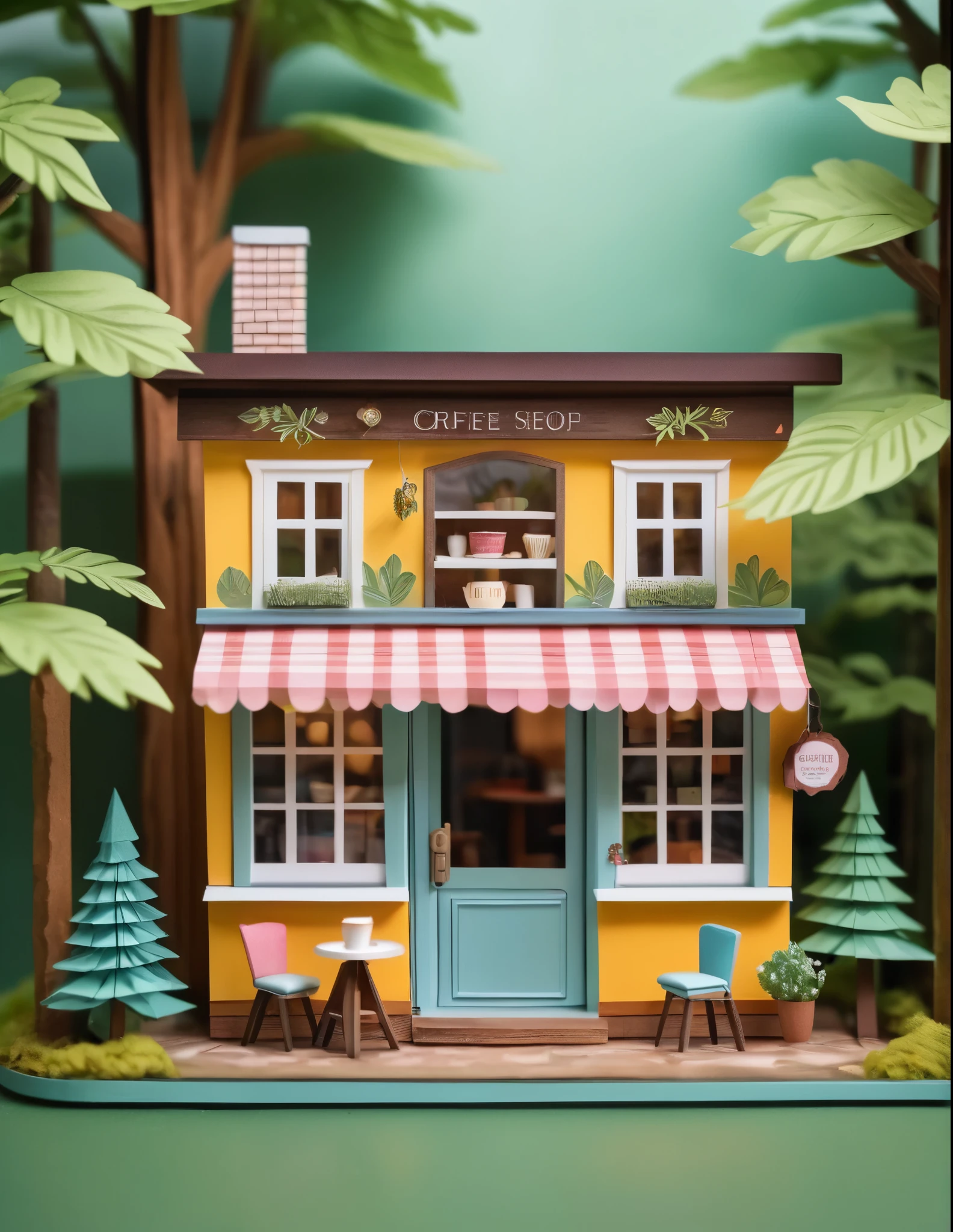 (Miniature House),(Exquisitely crafted),in the forest,(Cute and colorful coffee shop),Paper Craft