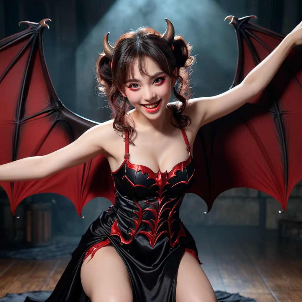 female demon, Lilith, (full body:1.55), (beautiful detailed eyes glowing red:1.5), (Large bat-like demon wings:1.5), (hair tied in two ponytails to form large bull horns), (raised arms showing armpits:1.3), (squatting with legs wide apart:1.3), beautiful detailed lips, sharp fangs, extremely detailed eyes and face, long eyelashes, smiling, black long dress, (best quality,4k,8k,highres,masterpiece:1.2),ultra-detailed,(realistic,photorealistic,photo-realistic:1.37),detailed skin, intricate details, dramatic lighting, dark fantasy, chiaroscuro, moody atmosphere, deep shadows, warm color palette, rich textures, cinematic composition, intense gaze,