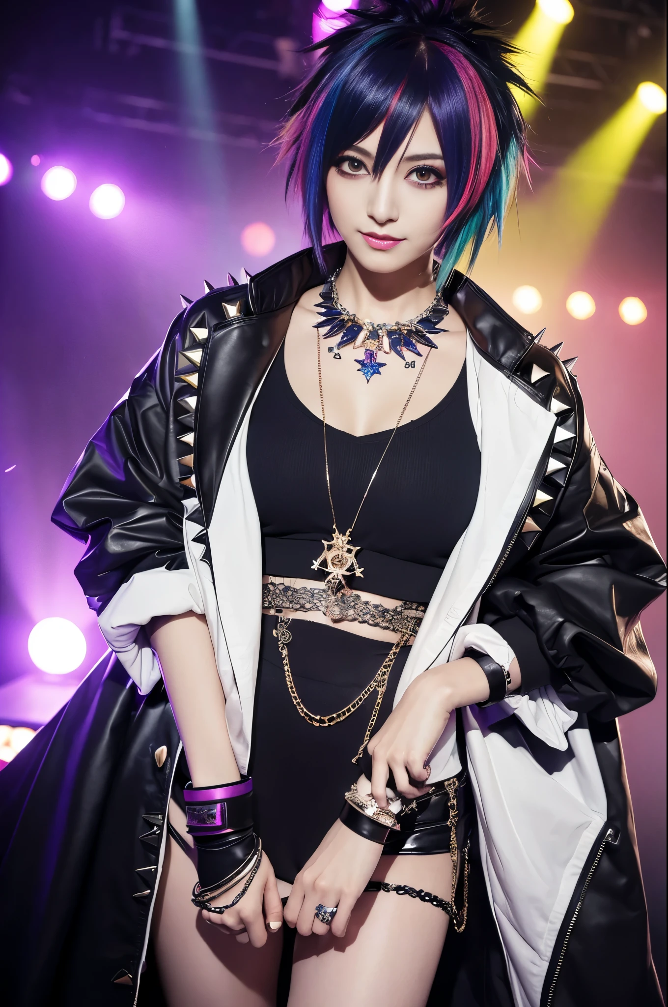 (masterpiece:1.4), (best quality:1.4), ultra high res, ultra high resolution, ((ultra detailed facial features)), HDR, (realistic, photorealistic, photo-realistic:1.37), 1 man, full body Esbian, sexy Japanese male, (-anime), vivid colors, ((vivid colors multicolor (Visual Kei style spikes very short hair))), (big smile), ultra detailed glam rock makeup, bold lip-color, long lashes, defined eyebrows, wearing large dramatic Nana Visual Kei jewelery, wearing a Nana Visual Kei cosplay, ((vivid Nana Visual Kei outfit)), layered clothing, look at the camera, cinematic light, rockstar festival stage background with multicolor lights, sweet and sexy pose