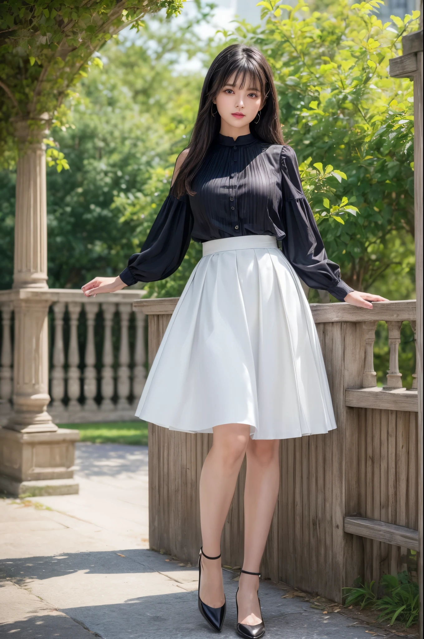 ((Best image quality、8k、masterpiece:1.3))、Realistic high-quality photos、Highest quality、Beautiful and elegant face and eyes、Black Hair、Shiny Hair、 OL、Wearing a short-sleeved blouse、Wear a long skirt、Full Body Shot、Well-balanced proportions、Anatomically correct body、