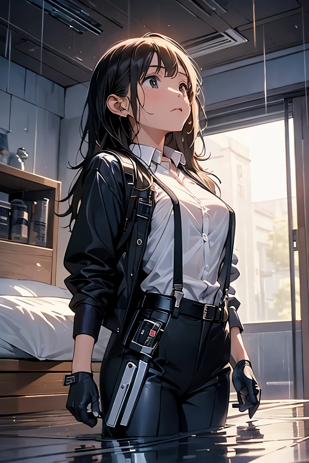 1 female, , high quality, masterpiece, Ultra-high resolution, , Cinema Lighting, , , And the suspenders with the cranes flying Large Breasts Small face holster Lying in bed Looking up Sweat belt summer 脇Sweat Black Hole Gloves suit shirt Black jacket Black trousers Leg Links ズボンにbelt holster Hands behind your back Anxious expression Looking up Anxious face, legs apart Armament Handgun handcuffs Cable ties レッグholster holster See-through clothing heavy rain Getting wet in the rain