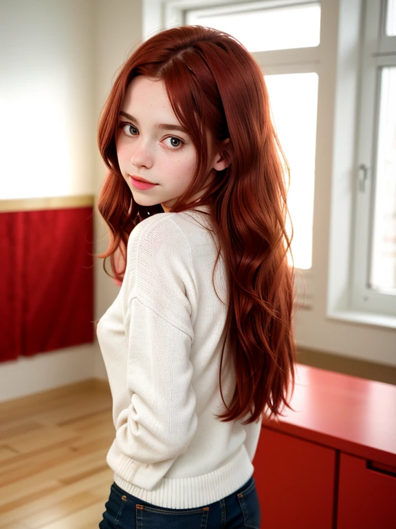 (((solo girl))) (1girl) from behind, full body shot, underneath shot, raw photo, (13yo skinny redhead girl:1.2), ((intense red hair)) ((very long hair)), blushing, graphic eyeliner, rouge, (lipstick:0.6), (choker:0.9), realistic skin texture, oversize knit sweater, (red:0.8), softcore, warm lighting, cosy atmosphere, instagram style, nsfw , naive, shy, short, thin, fit, beautiful, cute, pale skin, just a little smile, very suggestive pose

