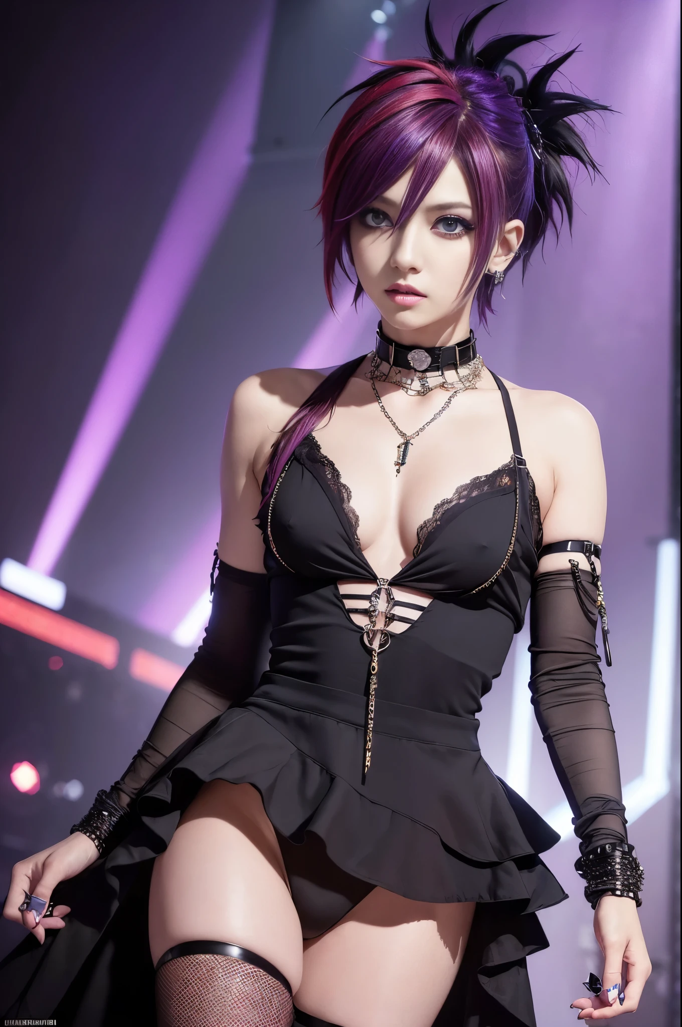 (masterpiece:1.4), (best quality:1.4), ultra high res, ultra high resolution, ((ultra detailed facial features)), HDR, (realistic, photorealistic, photo-realistic:1.37), (1 man), full body Esbian, ((sexy Japanese male)), (-anime), vivid colors, ((vivid colors multicolor (Visual Kei style spikes very short hair))), (happy smile), ultra detailed punk makeup, bold lipstick, long lashes, defined eyebrows, wearing large Visual Kei jewelery, wearing a Visual Kei cosplay, ((vivid Visual Kei outfit)), (layered clothing), choker, rings, bracelets, piercings, look at the camera, cinematic light, rockstar festival stage background with multicolor lights, sweet and sexy pose