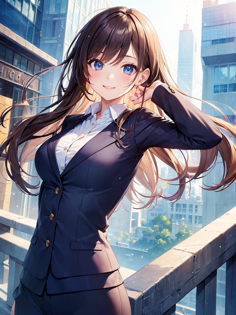 (masterpiece:1.5),(Beat quality),(high res),1girl solo,beautiful face,smile(shining eyes),upper body,light effects,office suits women,In the city during the day