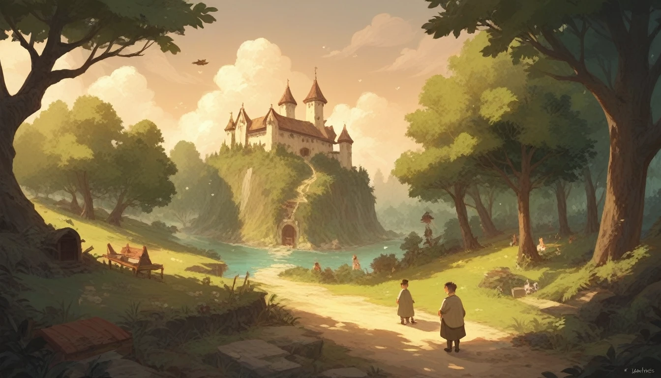A small, picturesque village on the edge of an ancient forest.The sun rises over the quaint village of Evergreen, where young Oliver lives with his mother. The villagers speak in hushed tones about the mysterious Enchanted Forest, warning children to stay away. Oliver, a curious and adventurous boy with a heart full of wonder, often dreams of exploring the forest.