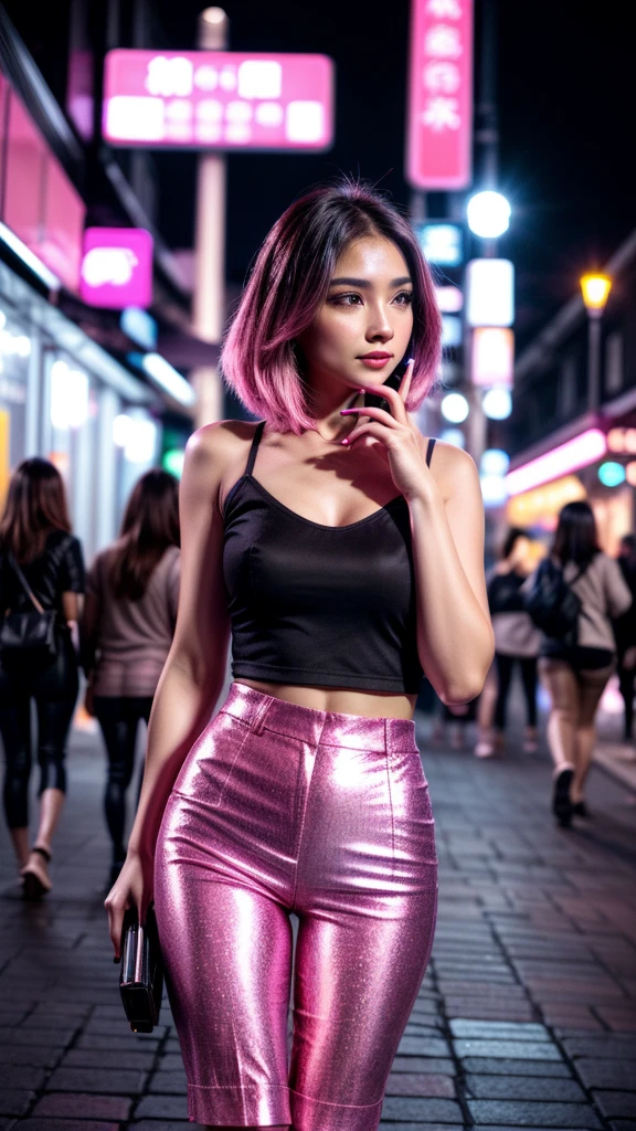 Beautiful woman, Lighted street at night, Fidgeting with smartphones, hot pants, Fragrant pink flowers, Passersby, Night view gradation, The finer details, Subtle tone, Silence on the screen.  