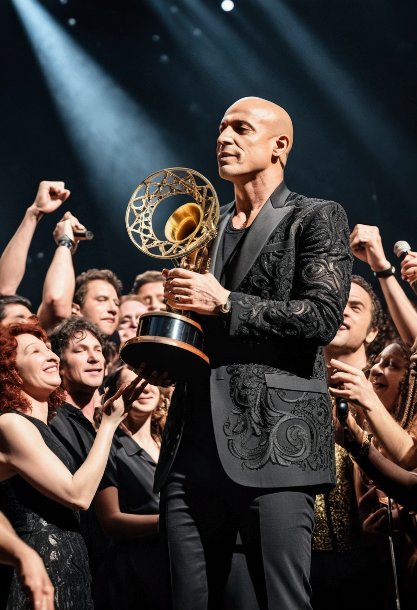 (Award-Winning Moment, holding prize), at a music awards ceremony, a musician receives an award for outstanding contribution. Standing on stage, surrounded by band members and fans, full body, award-winning, cinematic still, emotional, vignette, dynamic, vivid, (masterpiece, best quality, photorealistic, Professional, perfect composition, very aesthetic, absurdres, ultra-detailed, intricate details:1.3)