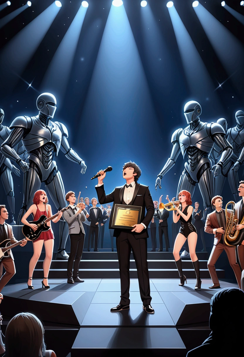 (Award-Winning Moment, holding prize), at music awards ceremony, a musician receives an award for outstanding contribution. Standing on stage, surrounded by band members and fans, full body, award-winning, cinematic still, emotional, vignette, dynamic, vivid, (masterpiece, best quality, photorealistic, Professional, perfect composition, very aesthetic, absurdres, ultra-detailed, intricate details:1.3)