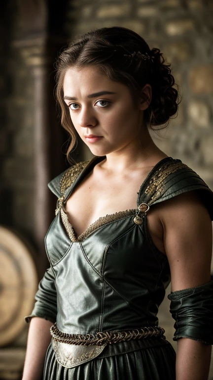 Foto RAW, RAW photograph of Maisie Williams, Arya Stark, Extremely gorgeous lady, Arya Stark PLAYED BY MAISIE WILLIAMS, Queen Arya Stark, she a mature woman now, milf, sexy mediaeval battle dress, gladiator woman, body, 40 years old Woman, body revealing costumes, perky breast, skin pores, big natural breast, erotic costumes, lusty physique, seductive figure can capture every people's attention, Game of thrones costumes, revealing captivating figure, Mediaeval costumes, revealing clothes, A tomboy, she would rather fence than dance, warrior queen , game of thrones screen caps, Game of Thrones Series, (pele altamente detalhada: 1.2), 8k UHD, DSLR, soft-lighting, alta qualidade, grain of film, Fujifilm XT3, flawless picture, highly detailed, detailed Beauty, intricate, 32k, sharp picture,