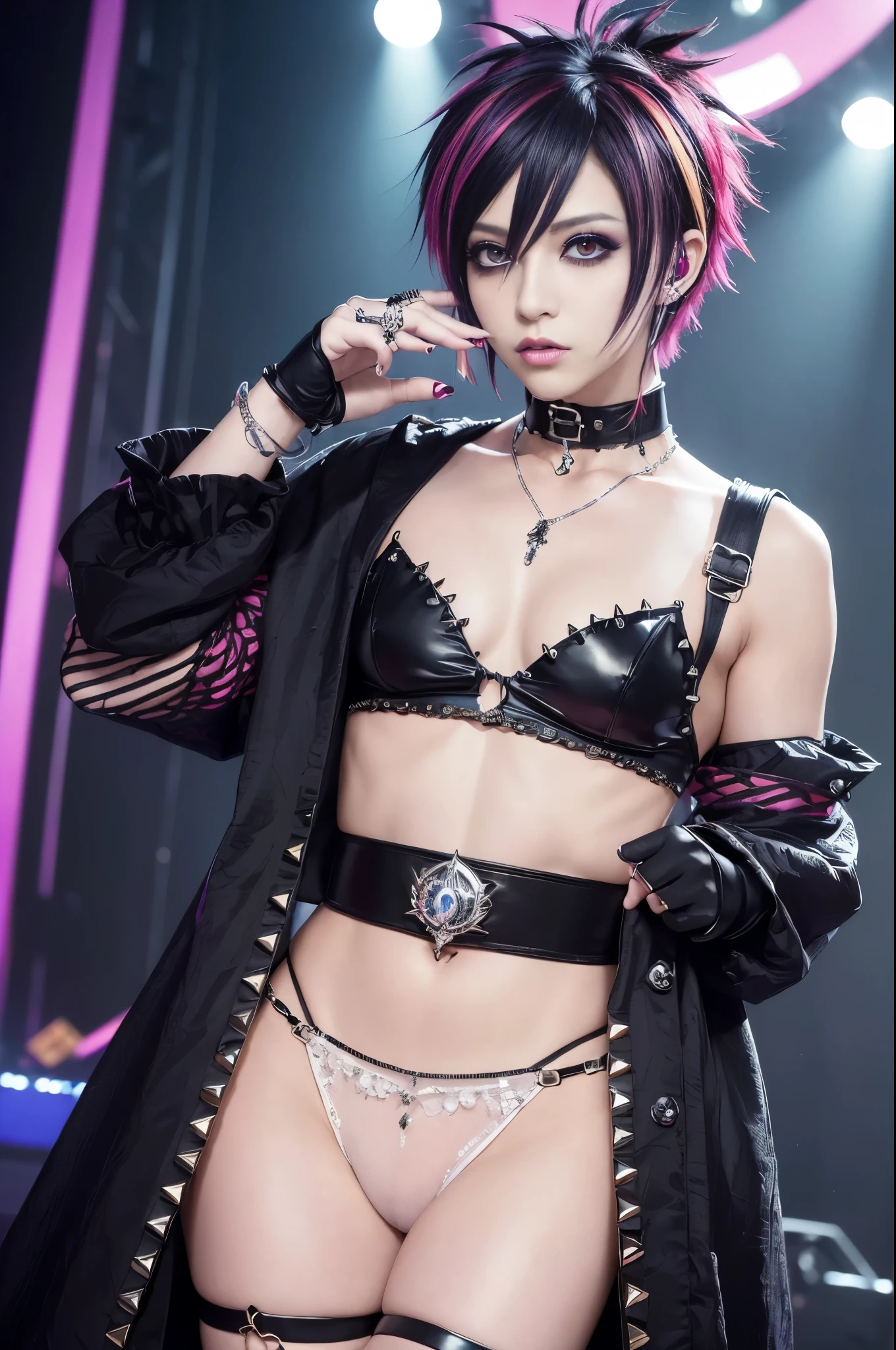 (masterpiece:1.4), (best quality:1.4), ultra high res, ultra high resolution, ((ultra detailed facial features)), HDR, (realistic, photorealistic, photo-realistic:1.37), (1 man), full body Esbian, ((y Japanese male)), (-anime), vivid colors, ((vivid colors multicolor (Visual Kei style spikes very short hair))), (happy smile), ultra detailed punk makeup, bold lipstick, long lashes, defined eyebrows, wearing large Visual Kei jewelery, wearing a Visual Kei cosplay, ((vivid Visual Kei outfit)), (layered clothing), choker, rings, bracelets, piercings, look at the camera, cinematic light, rockstar festival stage background with multicolor lights, sweet and sexose