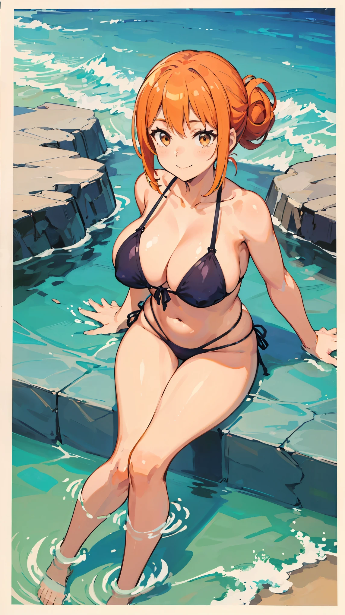 (Highest quality, 8k, masterpiece :1.3),Mrs. Yuigahama,ガハMom, As I expected, my youth romantic comedy is wrong。, One woman,Bun Hair,30 years old,Mom,Orange Hair,Embarrassed,Leg spread,Voluptuous body,Perfect Anatomy,nsfw,Swimwear,Ocean,No incongruity with the background,smile,Beautiful brown eyes,Leg spread