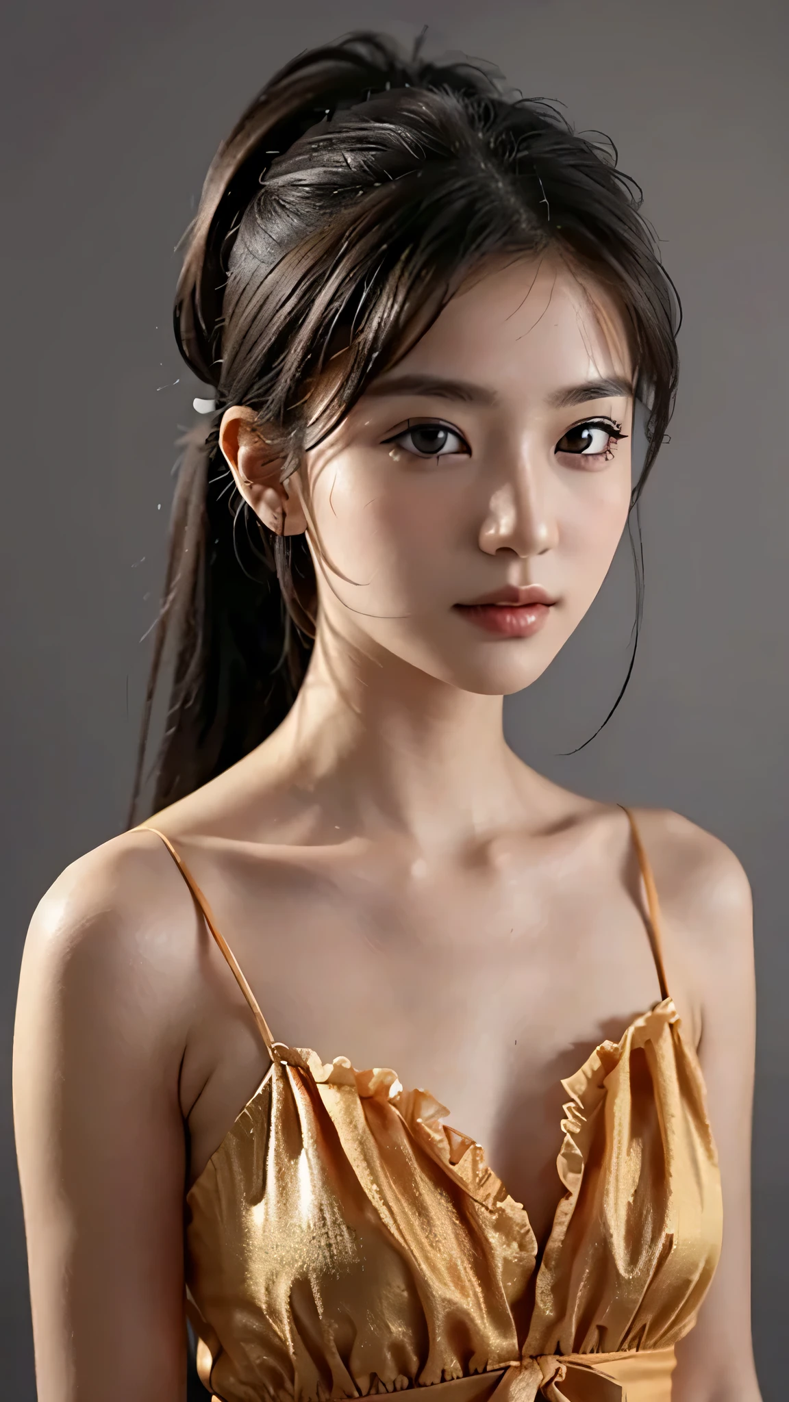 Close up face,Orange Sleeveless Dress Style,Frilly dress,ruffled edges, layered,Accessories: Flower hairpiece, ribbon, fitted body,Commercials for luxury cosmetics style,Commercial filming studio,The background is all gray,Body in front,fully body photo,masutepiece, The highest image quality, High quality, the background is clear,Beautiful woman, Japanese, Detailed, Ultra-detailed, finely detail, hight resolution, 8K Wallpaper, Perfect dynamic composition, Beautiful detailed eyes ,Detailed eyes, Detailed skin, Beautiful skin, 超hight resolution, (reality: 1.4),Very beautiful woman, Slightly younger face, Beautiful skin, slender, (Ultra photo realsisim), (hight resolution), (8K), (Very detailed) (beautifully detailed eyes), (super detailed), (Detailed face), view the viewer, Fine details, Detailed face, Staring straight ahead, Staring straight ahead, photos realistic, Bright lighting, Professional Lighting, Black hair,poneyTail,a baby face,sixteen years old,Hairstyle: ponytail,Long ponytail hairstyle,slight smile,