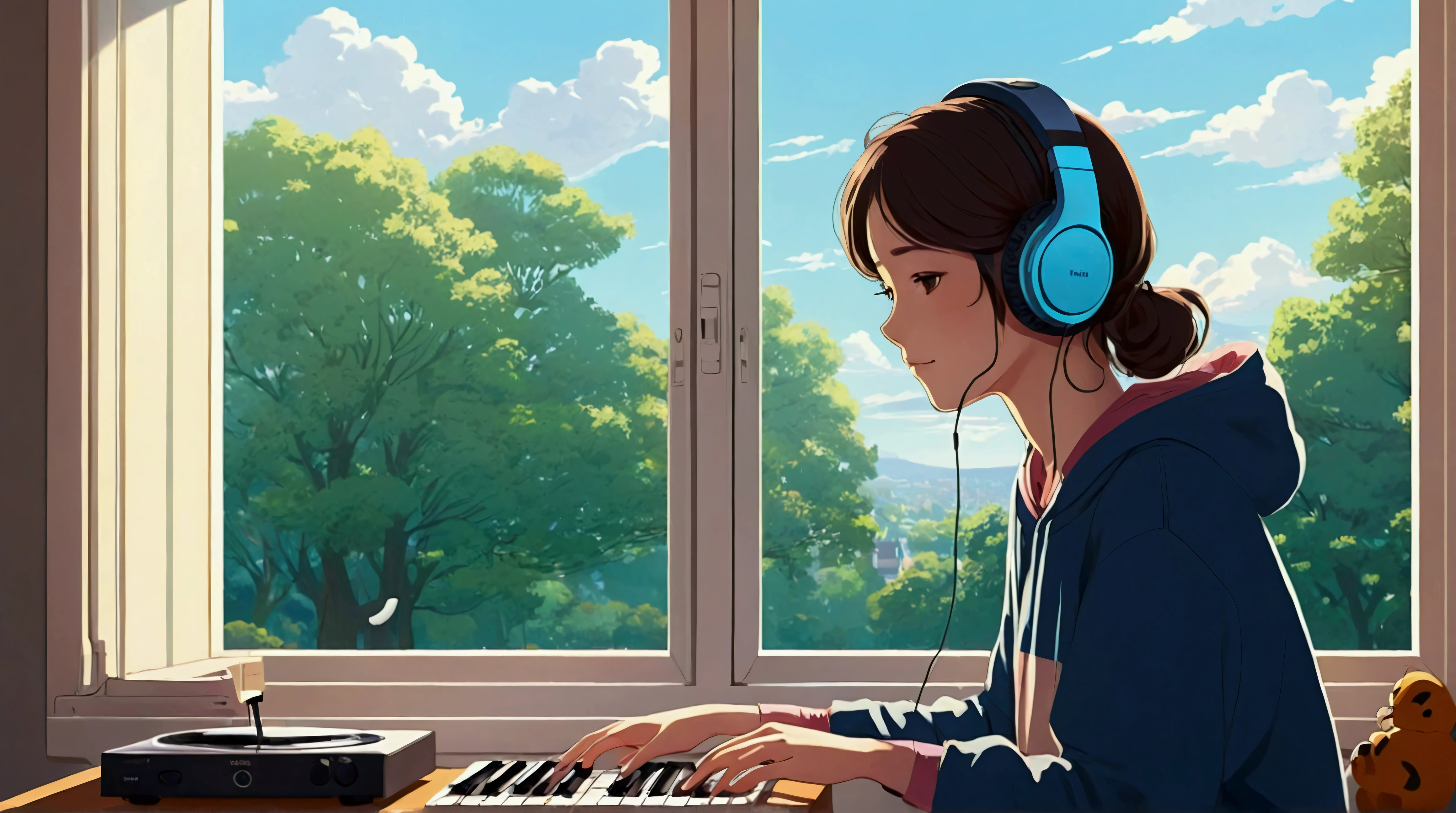 Girl listening to music in cozy room at morning, Use headphones, 2D style anime, lo fi, sunny outside the window、Analog Color Theme、ghibuli style、
