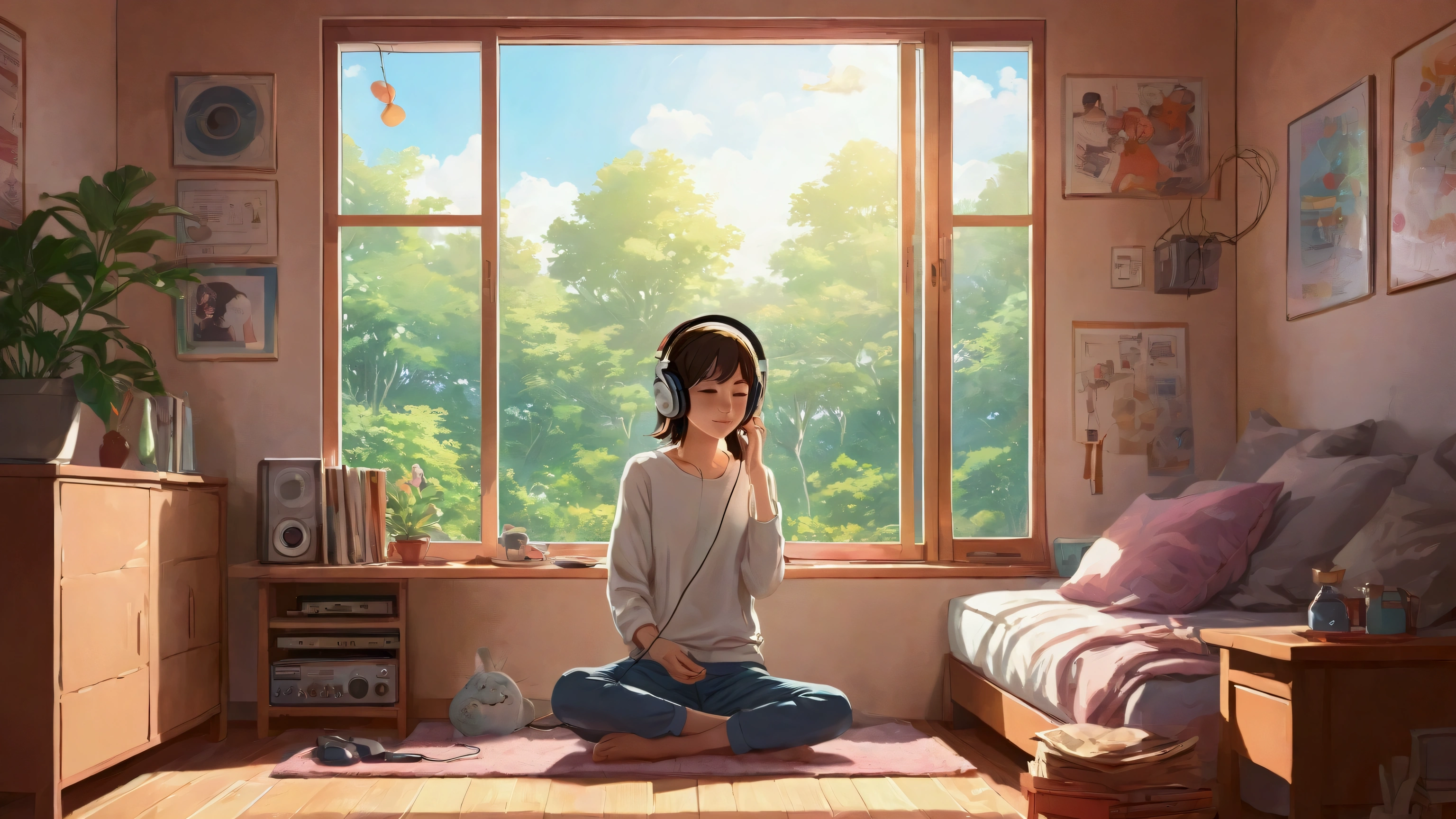 Girl listening to music in cozy room at morning, Use headphones, 2D style anime, lo fi, sunny outside the window、Analog Color Theme、ghibuli style、