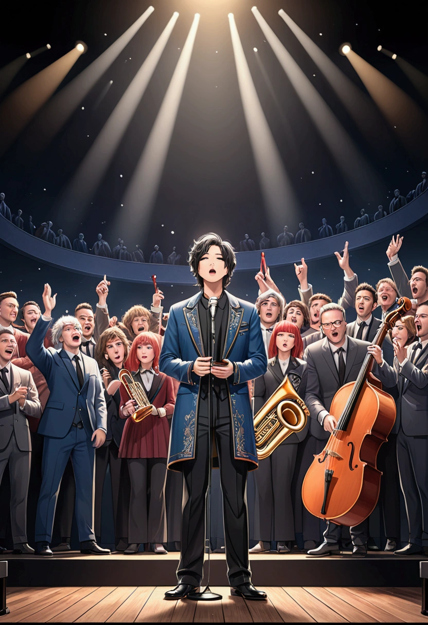 (Award-Winning Moment, holding prize), at music awards ceremony, a musician receives an award for outstanding contribution. Standing on stage, surrounded by band members and fans, full body, award-winning, cinematic still, emotional, vignette, dynamic, vivid, (masterpiece, best quality, photorealistic, Professional, perfect composition, very aesthetic, absurdres, ultra-detailed, intricate details:1.3)