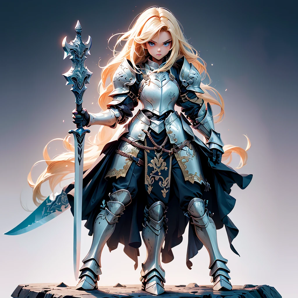 Design a layout showcase Gaming character, (1girl). Golden+Purle full body armor, stylish and unique, ((showcase weapon:1.4)), magic staff, (masterpiece:1.2), (best quality), 4k, ultra-detailed, (Step by step design, layout art:1.5), (luminous lighting, atmospheric lighting), magican, ((glove full hands)), (((revealing armor:1.3))), vambraces, armored legwear, (((full_body_shot:1.4)))
