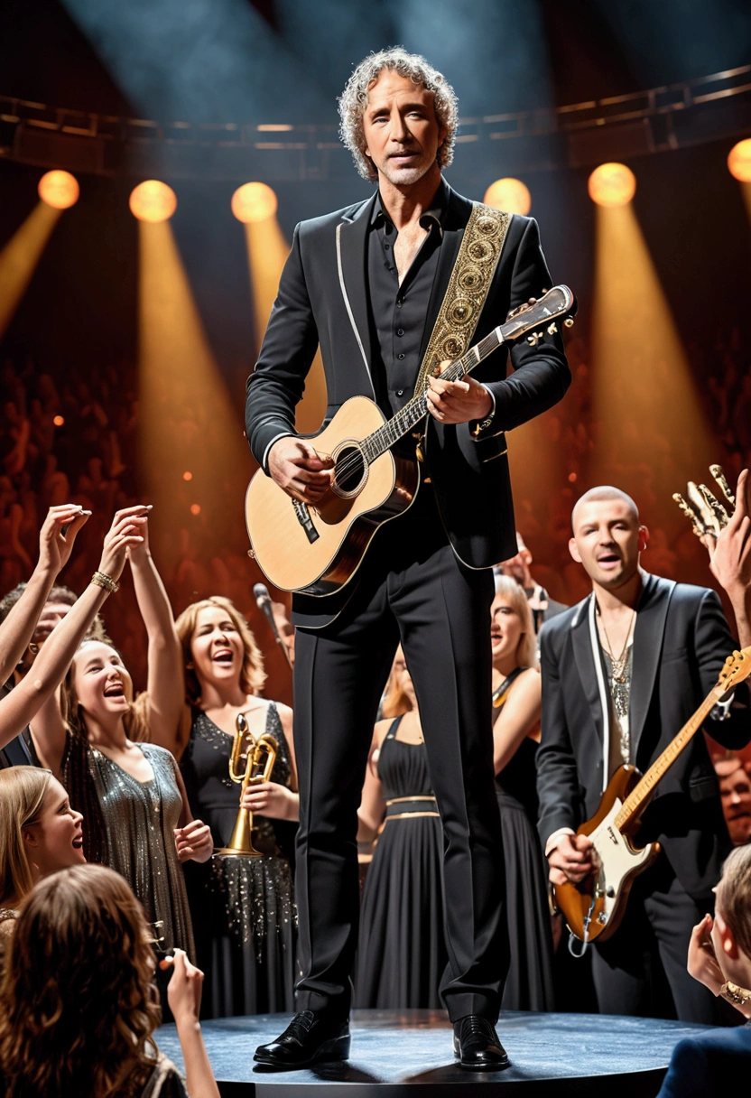 (Award-Winning Moment, holding prize), at music awards ceremony, a musician receives an award for outstanding contribution. Standing on stage, surrounded by band members and fans, full body, award-winning, cinematic still, emotional, vignette, dynamic, vivid, (masterpiece, best quality, photorealistic, Professional, perfect composition, very aesthetic, absurdres, ultra-detailed, intricate details:1.3)