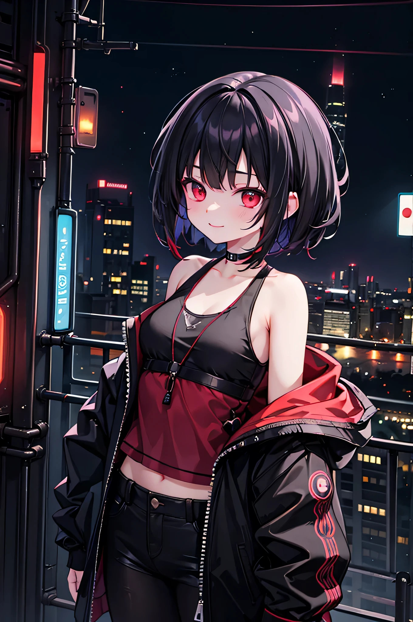 (masterpiece), cyber punk, city, night, Neon Light, city lights, One girl, Black Hair,Red patterned tank top, short hair,Red Eye,hair ornaments,Around ,smile,He has taken off his jacket and is exposing his shoulders.