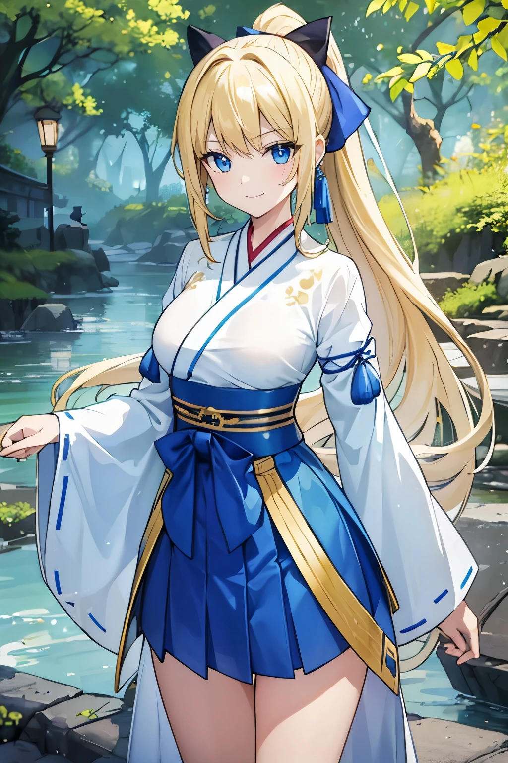 Safe for work, masterpiece, best quality, solo, 1 girl, (young female body:1.4), ( medium breasts), golden yellow hair, extra long hair, blunt bangs, crystal blue eyes, very detailed eyes, standing, elegant, smiling, cute girl, cowboy shot, hanfu, chinese clothing, dark blue hanfu, forest, river, pond, long chinese clothing, traditional blue hanfu, long clothes, wholsome, safe for work, appropriate clothing, ponytail, blue hakama
