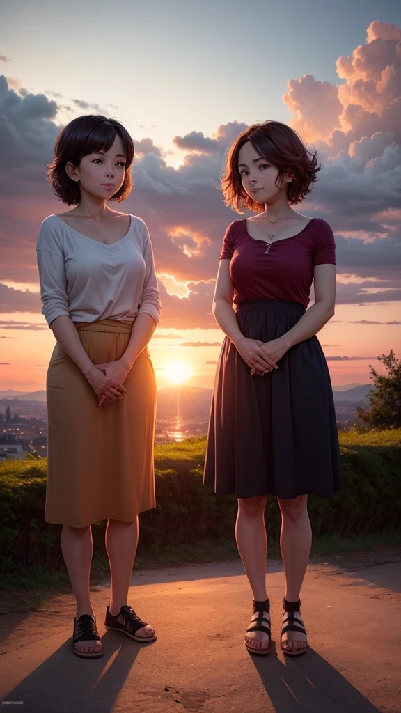 A couple is standing on a hill. The couple is wearing short clothes. The girl has big hips. The sunset is happening. Anime art