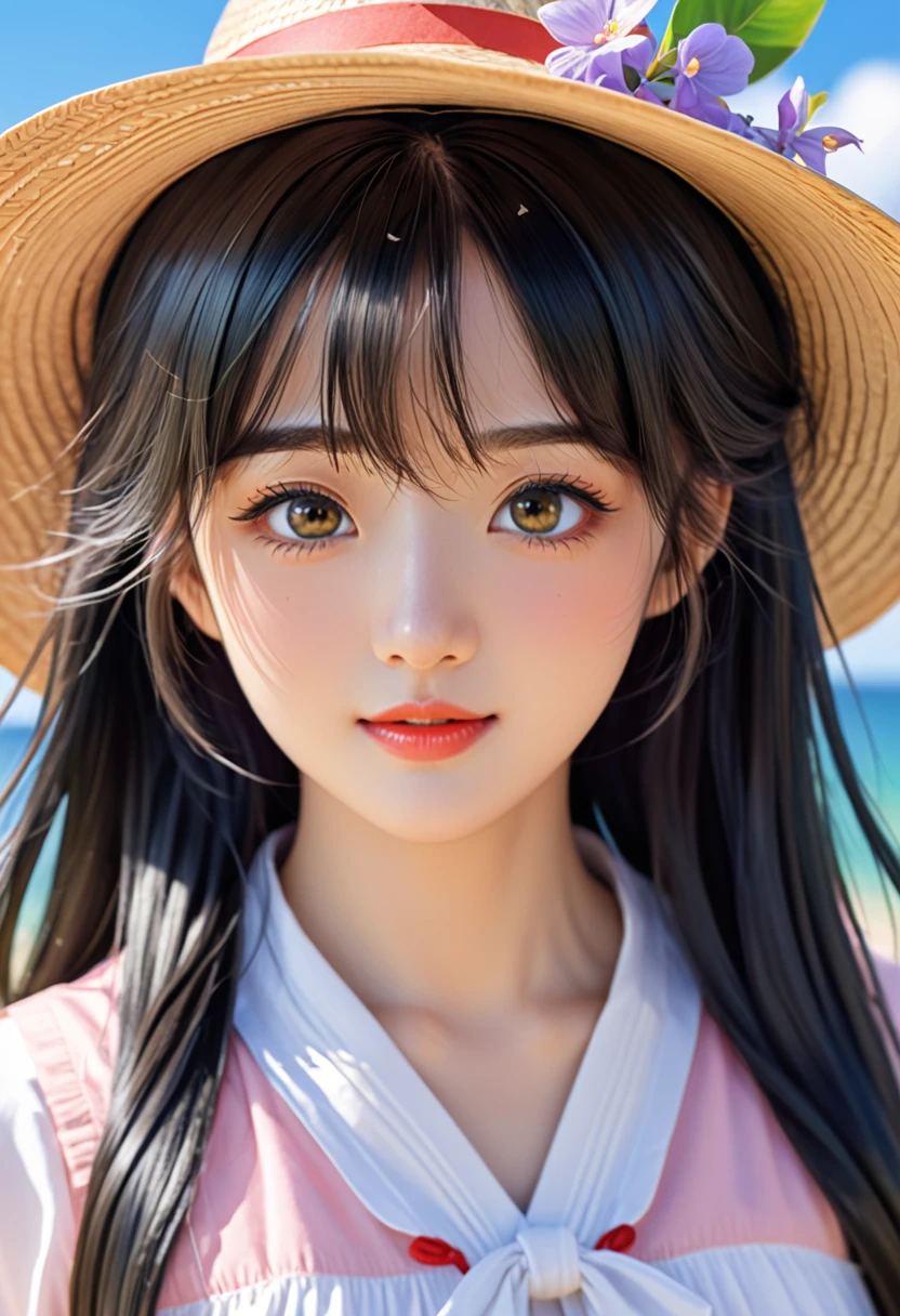 Anime girl with long black hair wearing a straw hat, Anime Style 4k, Beautiful anime portraits, Anime Moe Art Style, anime art wallpaper 4k, anime art wallpaper 4k, High quality anime art style, Anime style portrait, Gwaiz, artwork in the style of Gwaiz, Detailed digital anime art, Anime Art Wallpapers 8K, Cute Anime Girl Portrait