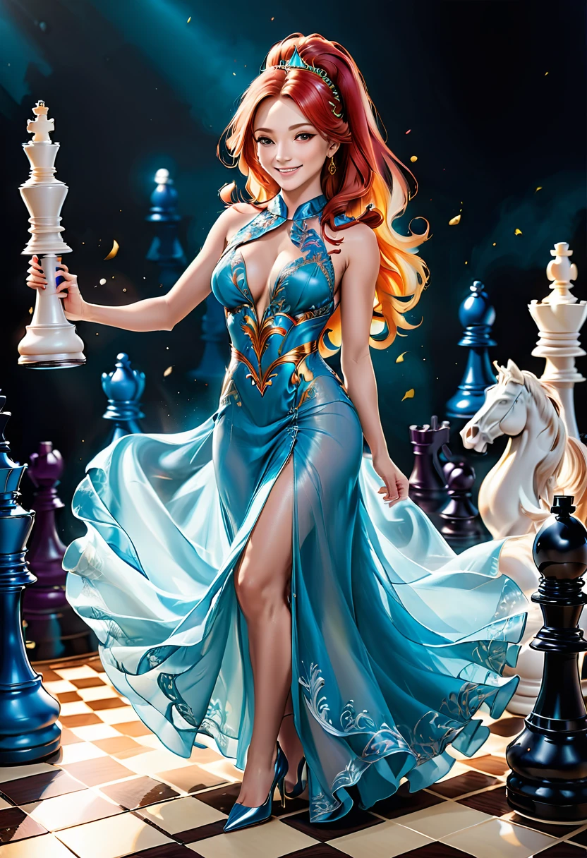 a picture of a woman proud, happy, overjoyed, victorious after winning chess game, a beautiful woman ((full body shot: 1.5)), ((anatomically correct: 1.5)) (ultra detailed face: 1.4), dynamic skin complexion, dynamic hair style, dynamic hair color, ((winning a chess game: 1.5)), at chess tournament, she is dressed in elegant dress, intricate dress, dynamic color dress, dynamic style dress, wearing high heels, a ((look of satisfaction: 1.3)), a look of ((victory: 1.3)), a look of overcoming great obstacle, chess tournament background,  vibrant, Ultra-high resolution, High Contrast, (masterpiece:1.5), highest quality, Best aesthetics), best details, best quality, highres, 16k, [ultra detailed], masterpiece, best quality, (extremely detailed), Cinematic Hollywood Film style