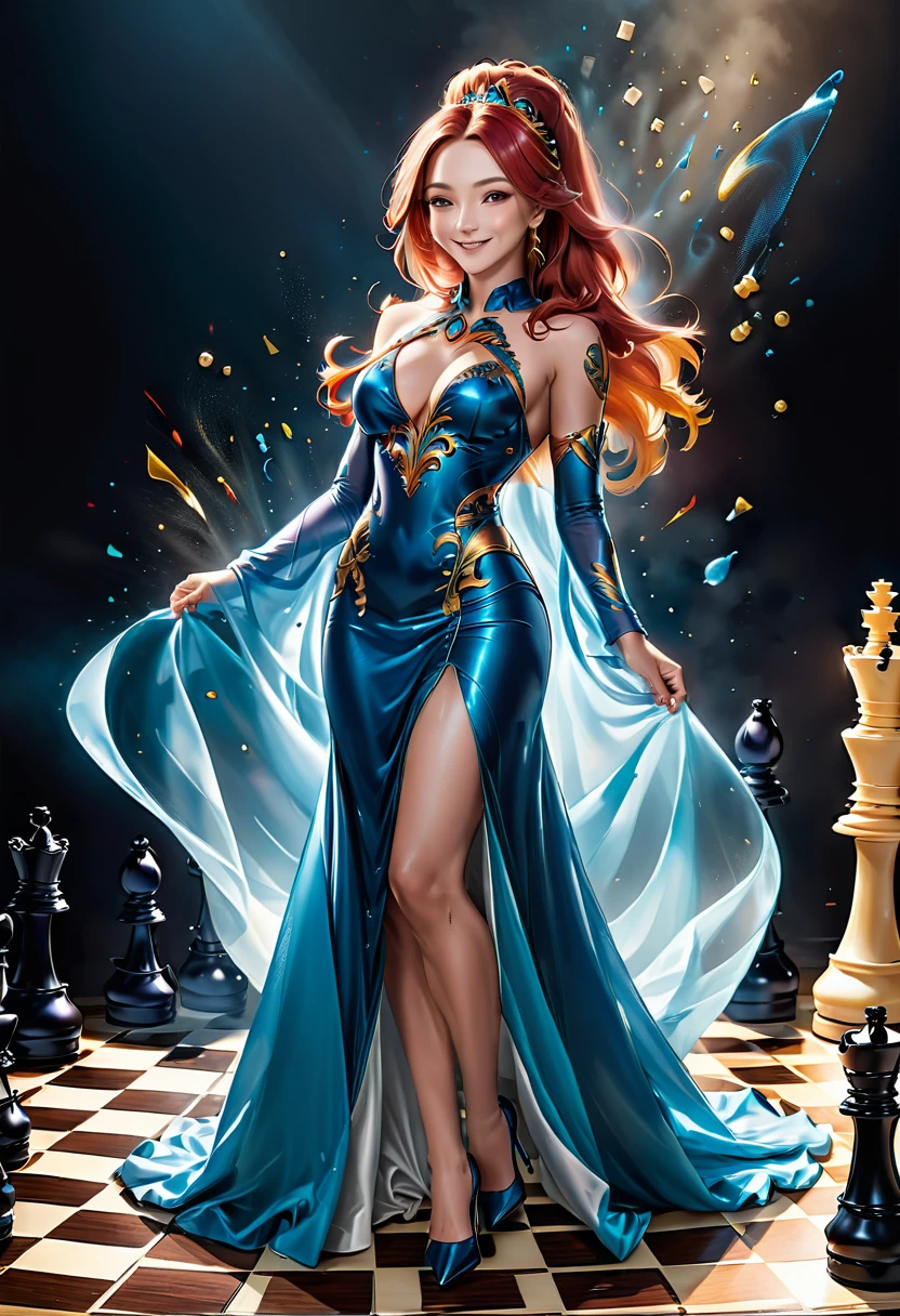 a picture of a woman proud, happy, overjoyed, victorious after winning chess game, a beautiful woman ((full body shot: 1.5)), ((anatomically correct: 1.5)) (ultra detailed face: 1.4), dynamic skin complexion, dynamic hair style, dynamic hair color, ((winning a chess game: 1.5)), at chess tournament, she is dressed in elegant dress, intricate dress, dynamic color dress, dynamic style dress, wearing high heels, a ((look of satisfaction: 1.3)), a look of ((victory: 1.3)), a look of overcoming great obstacle, chess tournament background,  vibrant, Ultra-high resolution, High Contrast, (masterpiece:1.5), highest quality, Best aesthetics), best details, best quality, highres, 16k, [ultra detailed], masterpiece, best quality, (extremely detailed), Cinematic Hollywood Film style