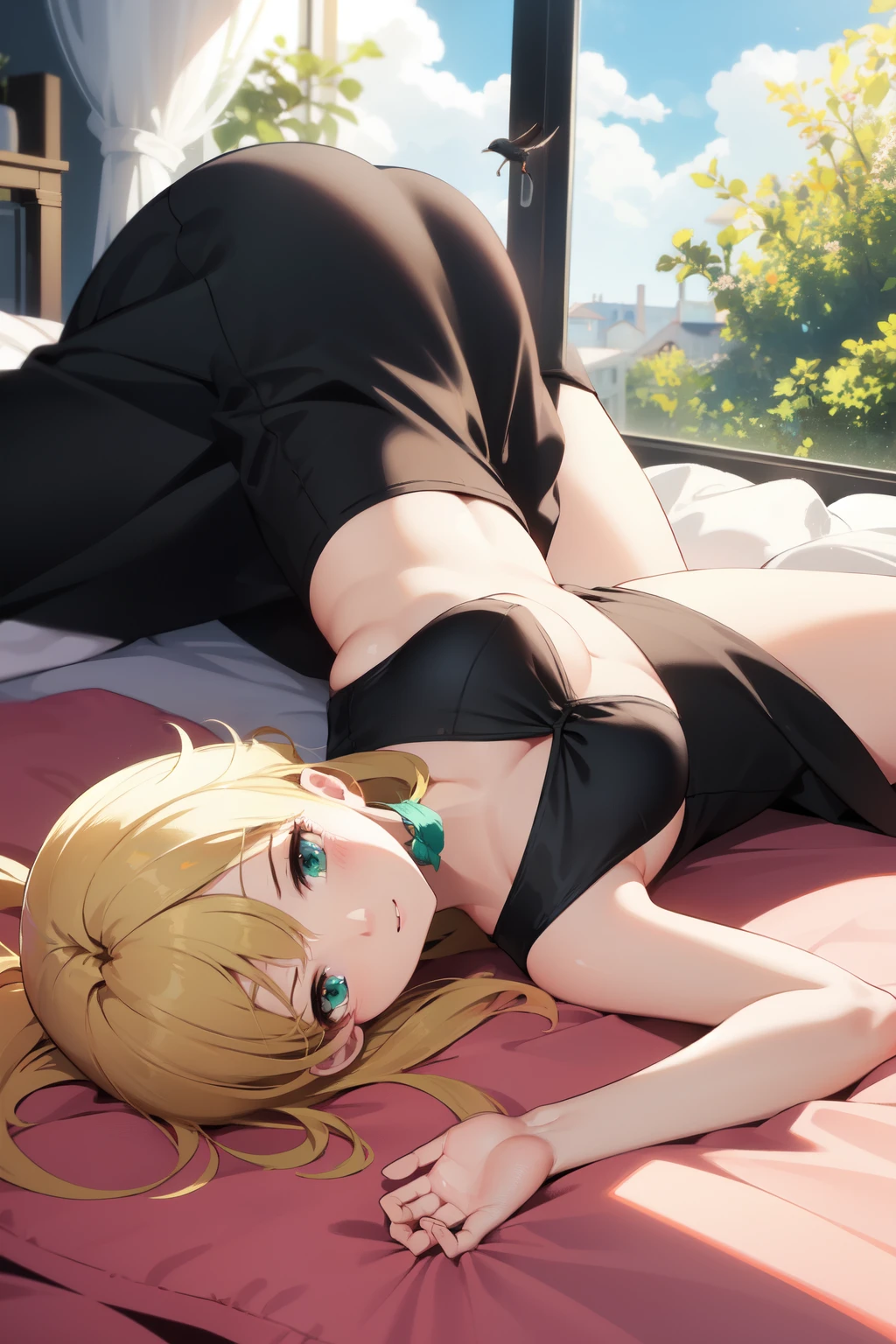 fit body,blue green eye,loose black dress,8k,blond hair,Lying on the pink bed,gentle sunlight from the window,lolita dress,bird&#39;s eye view,red face,sexy