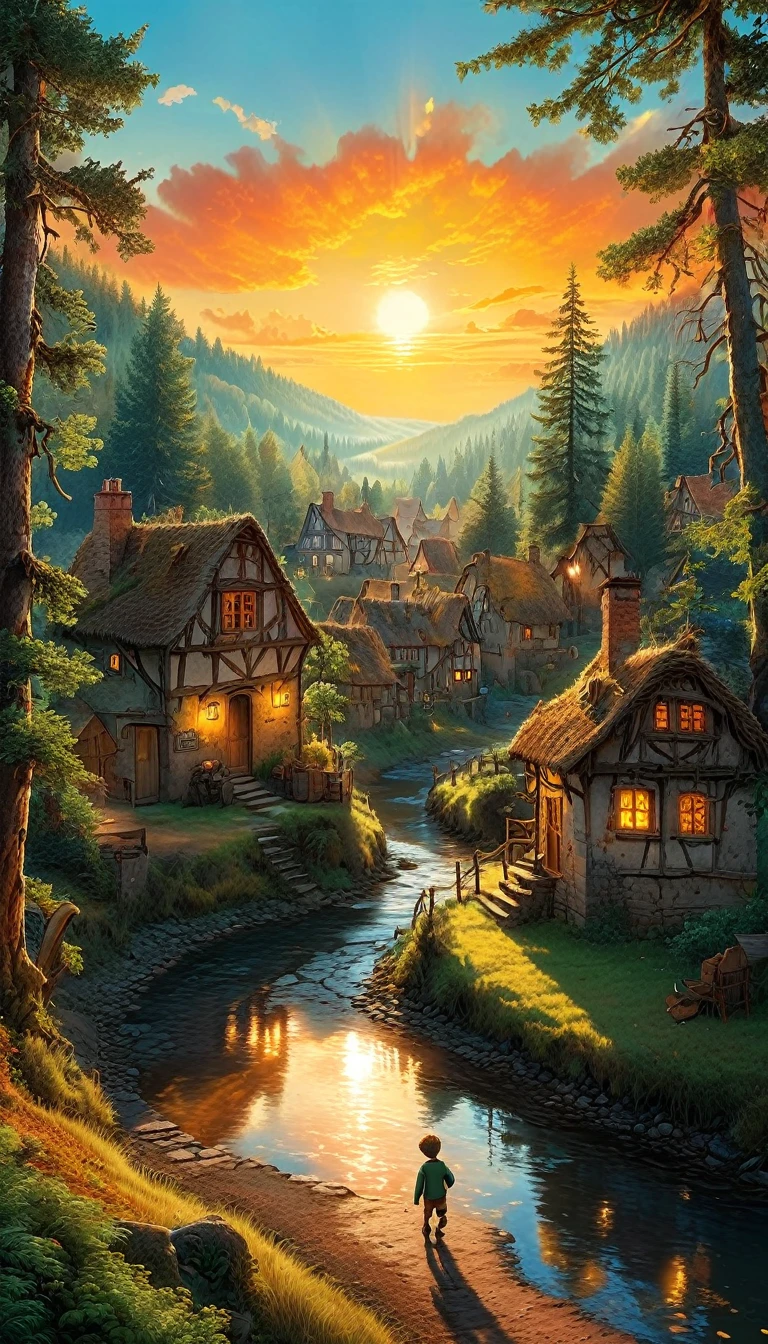 A small, picturesque village on the edge of an ancient forest.The sun rises over the quaint village of Evergreen, where young Oliver lives with his mother. The villagers speak in hushed tones about the mysterious Enchanted Forest, warning children to stay away. Oliver, a curious and adventurous boy with a heart full of wonder, often dreams of exploring the forest.