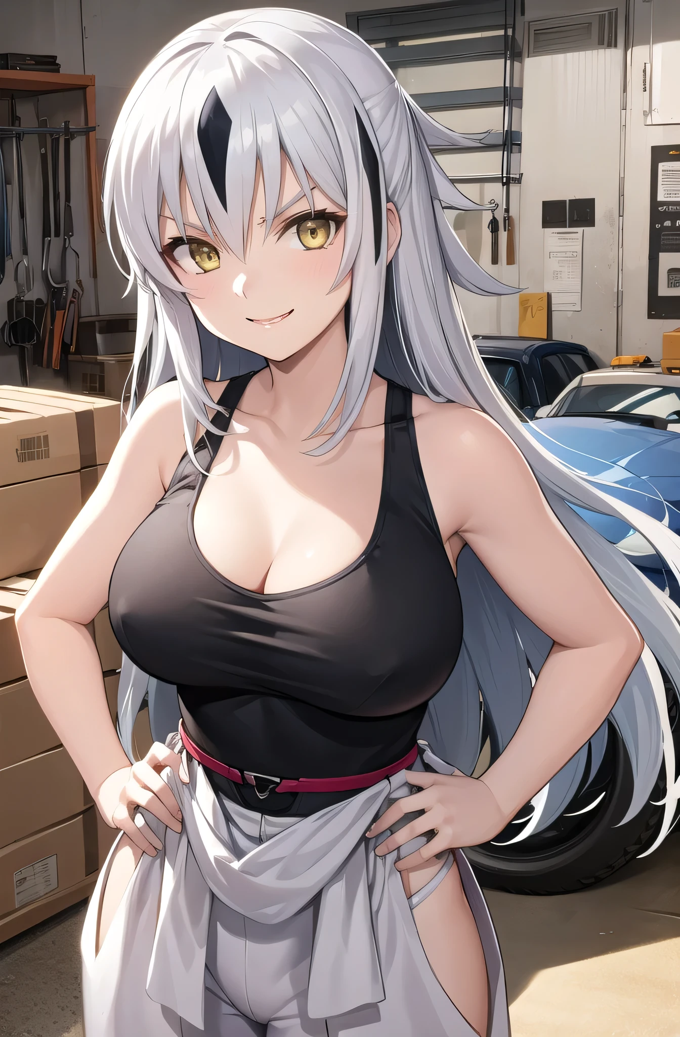 (masterpiece, Highest quality, detailed)、1 female、Kagetora Nagao、solo、Evil smile、Cowboy Shot、View your viewers、Silver Hair、Black Hair、Long Hair、Yellow Eyes、Female focuechanic, orange jumpsuit)、Black Tank Top、Waist clothes、Big Breasts、collarbone、A woman with very large breasts、Skin tight tank top、indoor、garage、tire、spanner、Hands on hips、smile、Mouth closed、Conceit、V-shaped eyebrows
