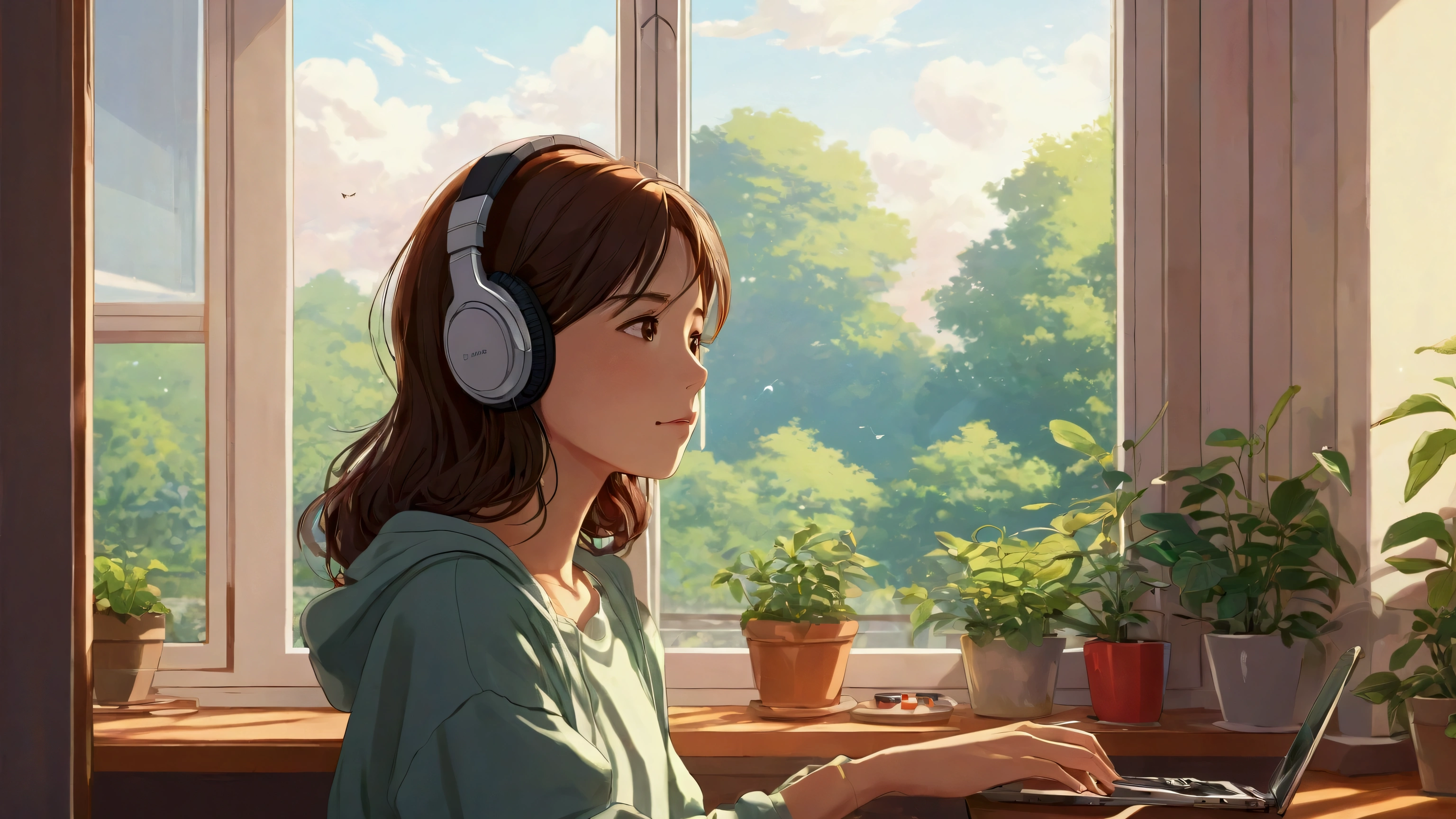 Girl listening to music in cozy room at morning, Use headphones, 2D style anime, lo fi, sunny outside the window、Analog Color Theme、ghibuli style、