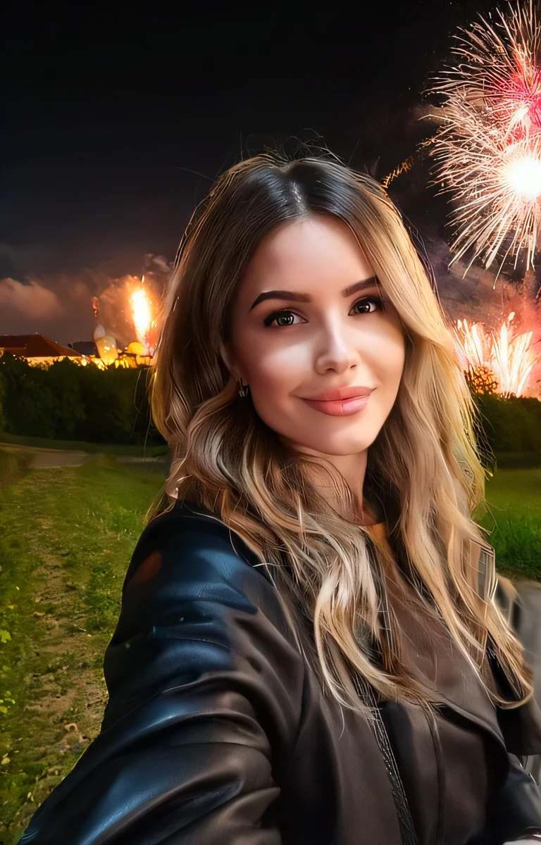 Ukrainian beauty in fireworks display.Live selfie with fireworks in the sky.