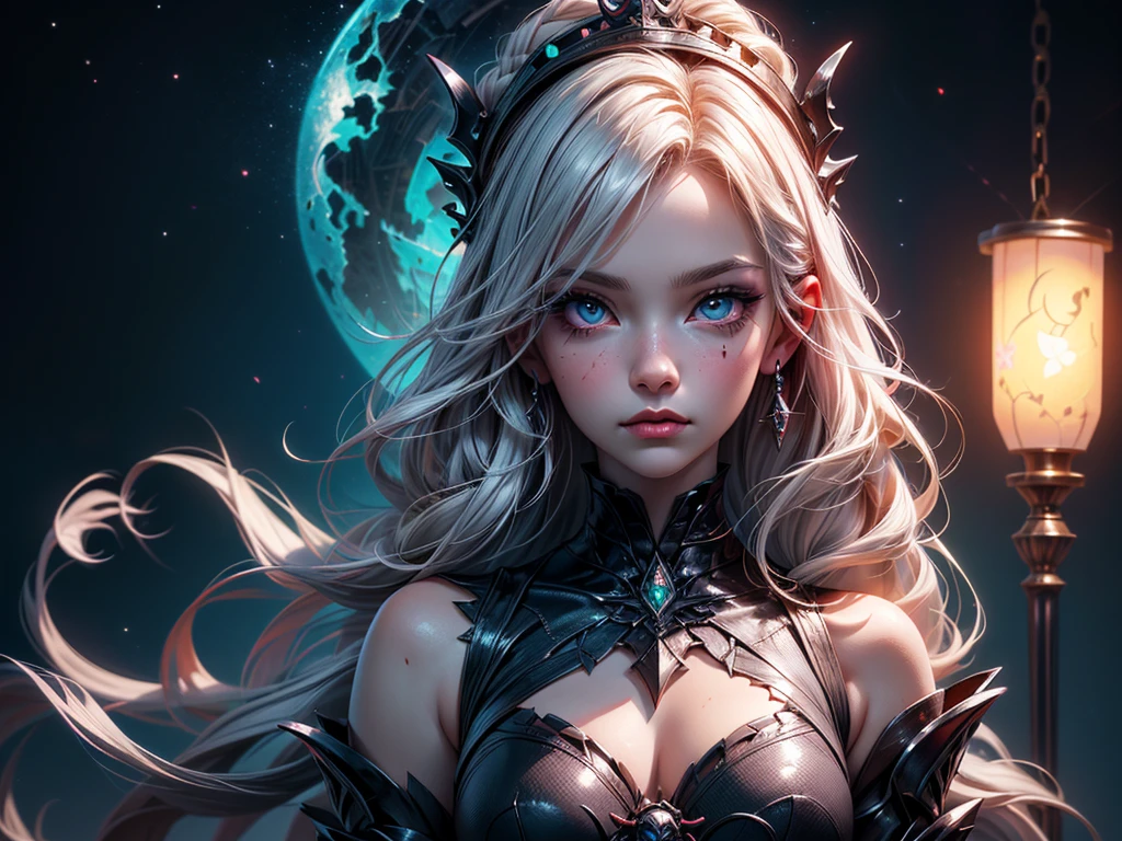 In the middle of ruined old castle there is beatiful undead lich queen who stand under the stary night sky, she have beatiful face, long silver hair with pink highlights her eyes is emerald green red lipsick and smoky eyes make up, her tattooed body cover only with black transparent spider web vail, (ultra high quality fantasy art, dark fantasy style, masterpiece, ultra high quality character design, 8k quality anime art, realistic anime art, top quality wallpaper illustration, detailed ultra high quality accurate face, high quality design and accurate physic)