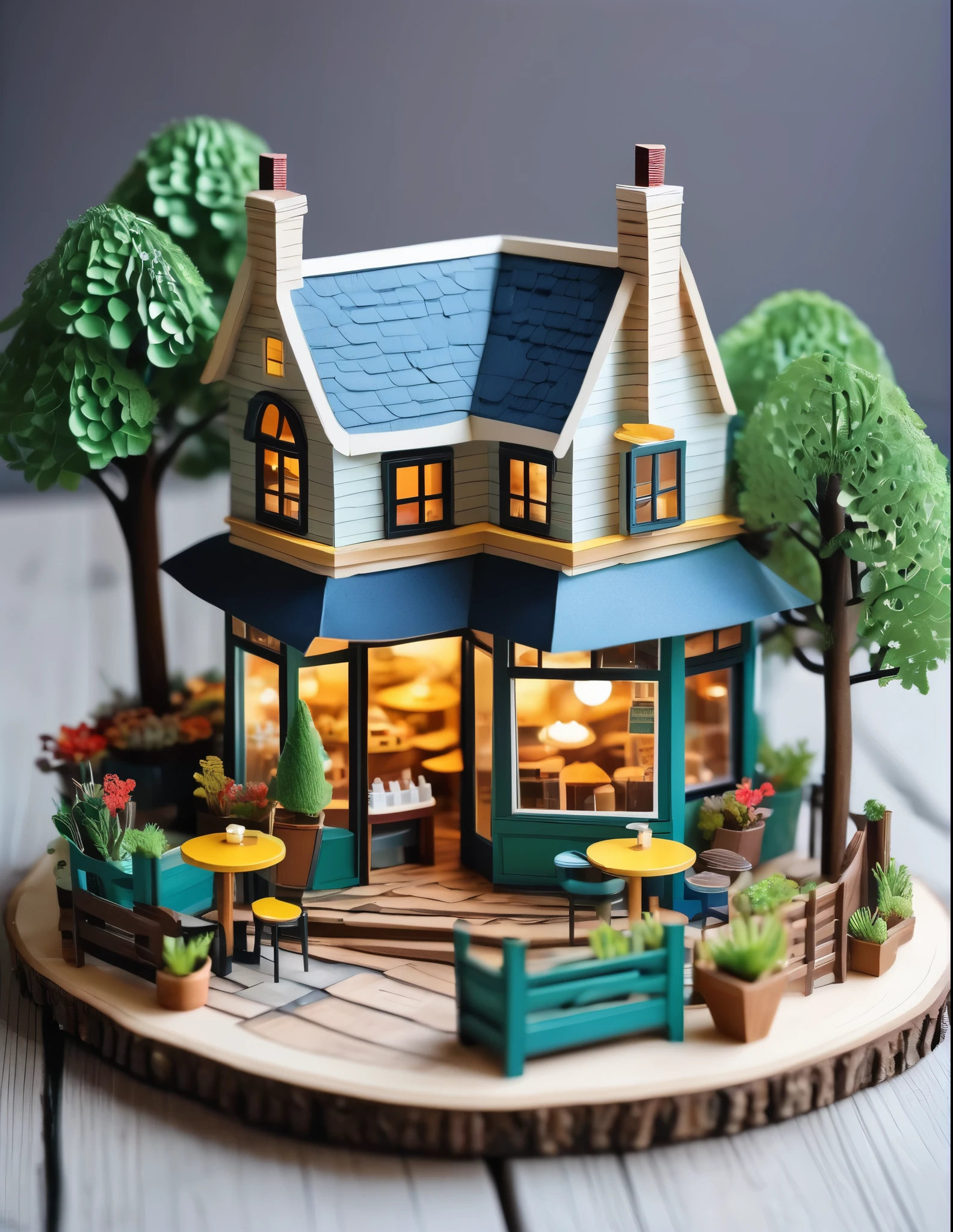 Miniature House、Exquisitely crafted、A small cafe in the woodiniature of a girl at the entrance
