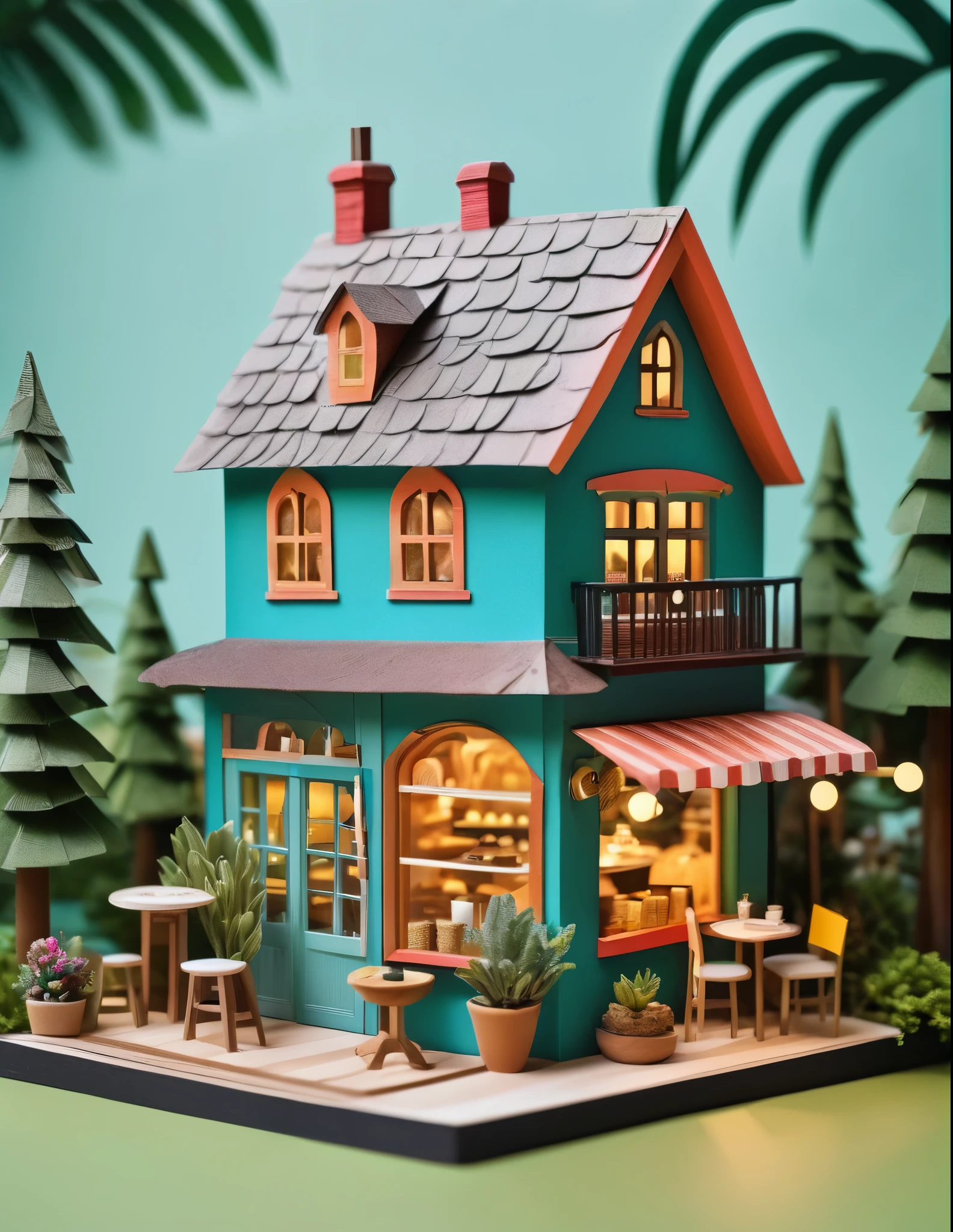 Miniature House、Exquisitely crafted、A small cafe in the woodiniature of a girl at the entrance