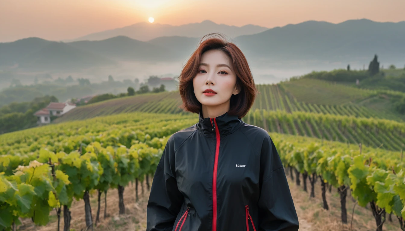 beautiful scenery, 8K highest quality, Vivid picture quality, 1 woman, Beautiful Korean woman in her 50s, slight wrinkles around the eyes, Chest size 34 inches, model-level beauty, italian countryside dawn, vineyard, red sunshine, The background is realistic.. and vivid quality.., short medium bob hair, Long sleeve t-shirt that goes up to the neck, High-end luxury brand black windbreaker jacket, except red, Perfect and realistic photos, The background is realistic... Full body shot with Canon camera 16-35 wide angle lens, expressionless, Walking up a hill covered in thick fog, Walking towards the front camera