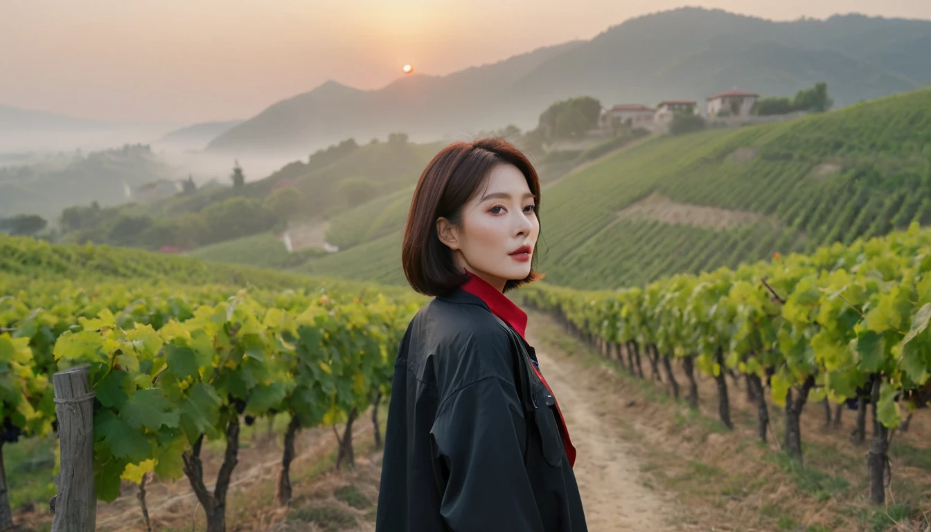 beautiful scenery, 8K highest quality, Vivid picture quality, 1 woman, Beautiful Korean woman in her 50s, slight wrinkles around the eyes, Chest size 34 inches, model-level beauty, italian countryside dawn, vineyard, red sunshine, The background is realistic.. and vivid quality.., short medium bob hair, Long sleeve t-shirt that goes up to the neck, High-end luxury brand black windbreaker jacket, except red, Perfect and realistic photos, The background is realistic... Full body shot with Canon camera 16-35 wide angle lens, expressionless, Walking up a hill covered in thick fog, Walking towards the front camera