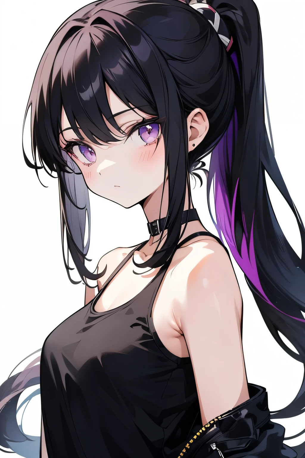 anime style portrait a young girl with a confident expression, long dark hair in a ponytail, purple eyes, olive skin, black tank top